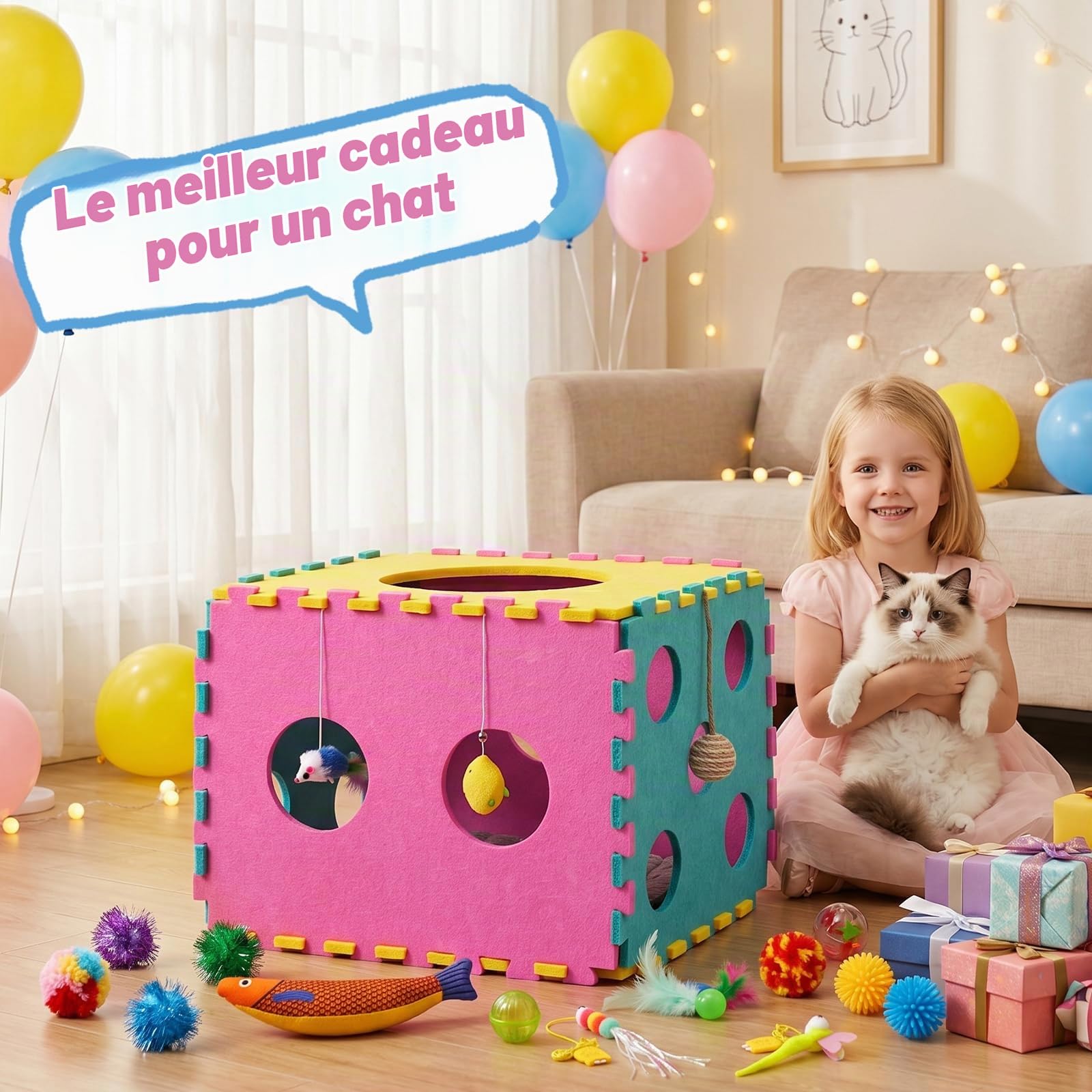 CENOVE 41 Jouets interactifs pour Chats d'intérieur – Comprenant Un Tapis Moelleux, des Jouets d'auto-Divertissement, Une Corde à mâcher, Une Canne à pêche, Un Jouet à Plumes et diverses balles