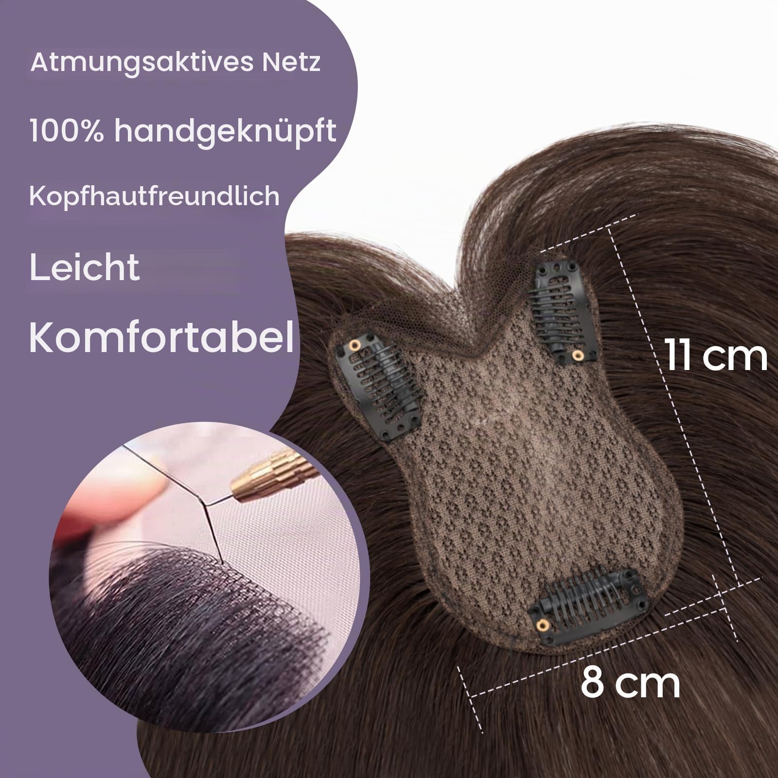 S-noilite Topper Haare für Frauen Echthaar Dunkelbraun - 8x11cm 100% handgeknüpfte Toupets mit Seitenpony Haar Toppers Echthaar Damen Haarverdichtung 21 Gramm