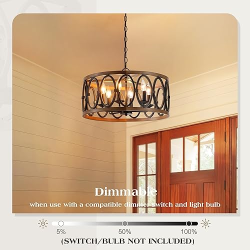 Miniatura 9 de Lámpara de araña antigua de granja para comedor, isla de cocina, 6 lámparas colgantes de tambor, lámparas colgantes redondas de metal negro y