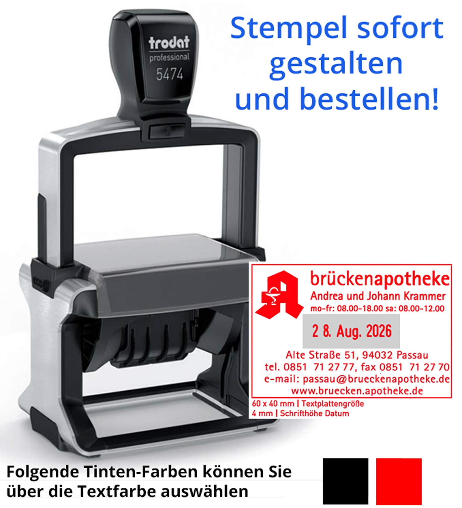 Trodat 5474-60x40 mm - Timbro con data e testo professionale, 7 righe e data, in diversi colori ! 60x40 mm metallo