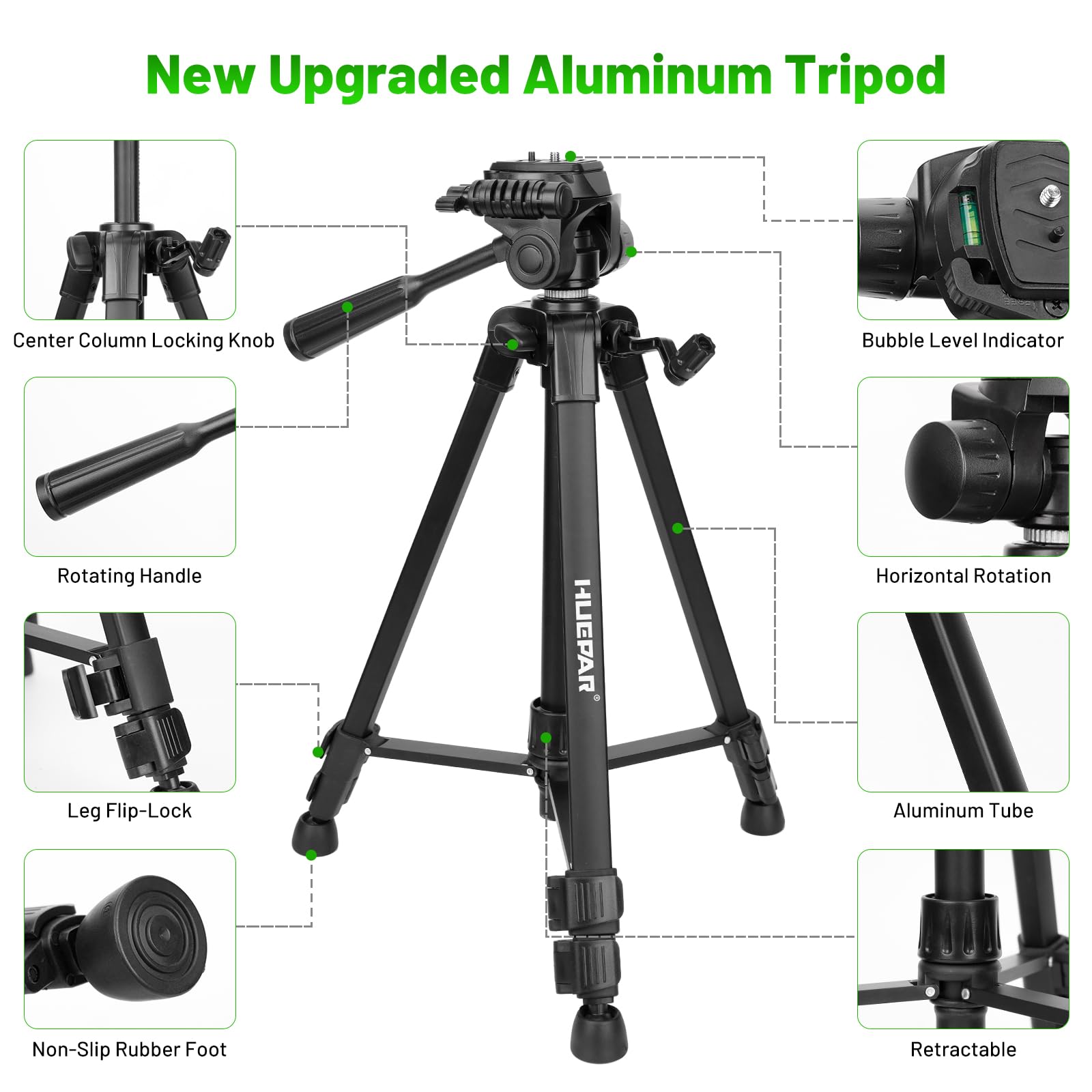 Huepar Trépied de niveau laser de 119,4 cm, trépied pour mesures de distance laser, téléphone et appareil photo, trépied professionnel en aluminium avec support de filetage de 6,35 mm, sac de