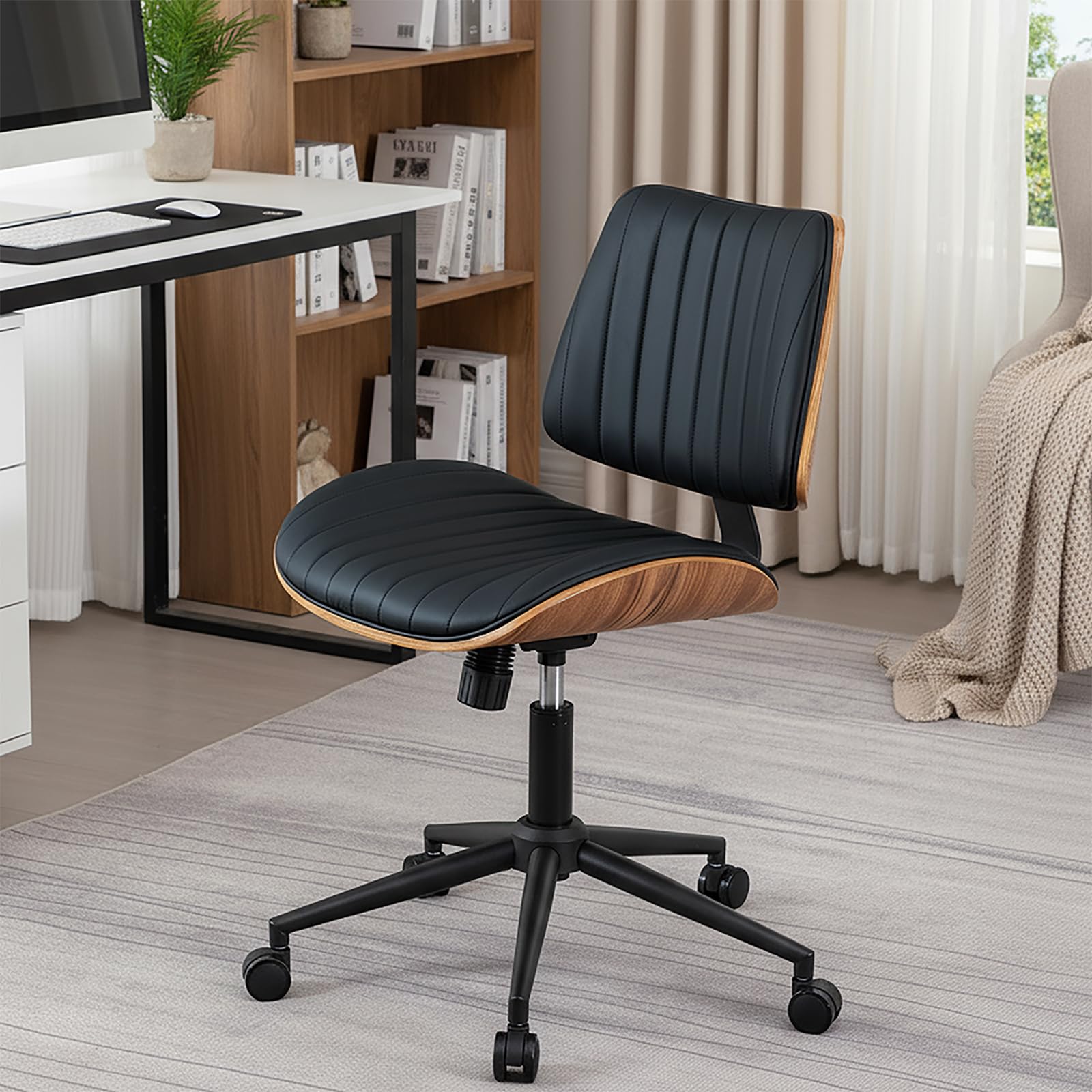 TQHOQ Small Desk Chair Office with Wheels, Armless Black Office Chairs for Home Adjustable Height with Modern Walnut Backrest for Small Space (Black) — image 1