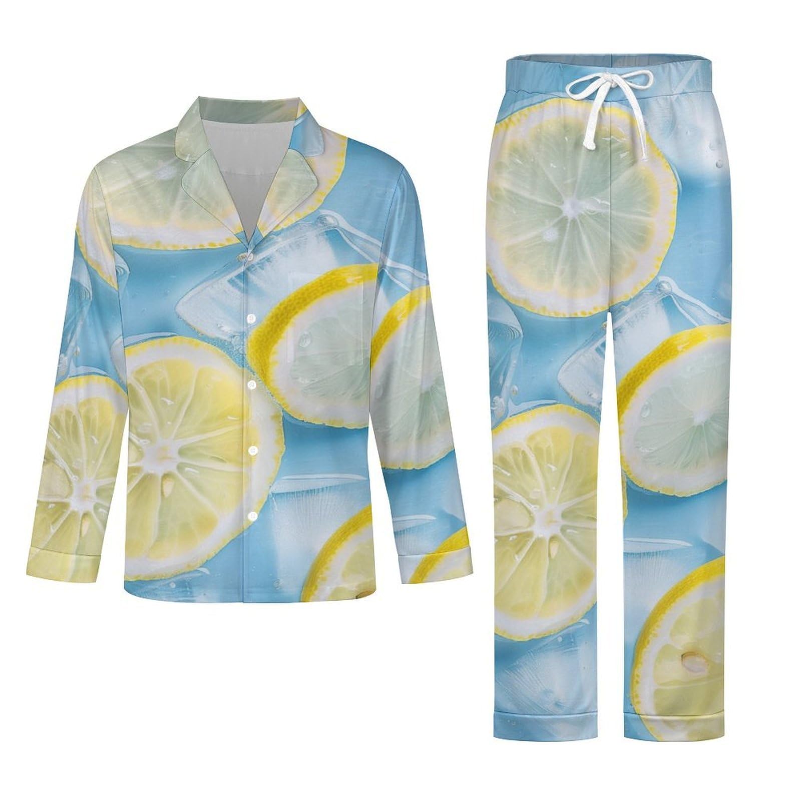 OLEETS Completo Pigiama da Uomo - Frutto di Limone Pigiama Invernale Casual Morbido da Notte Completo con Top E Pantaloni A Maniche Lunghe 2 Pezzi Pigiama Largo