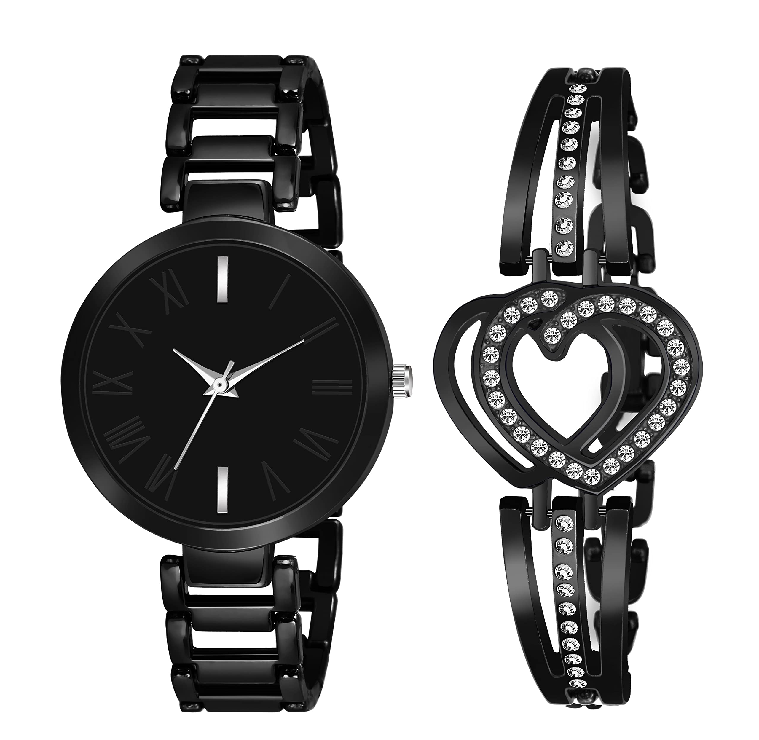 Watch CityBranded 3 Colors Black - Purple - Rose Gold Steel Belt Analogue Watch with Sweet Heart 3 Colors Black - Purple - Rose Gold Bracelet Combo for Girl's & Women's Watch (Combo of 2)