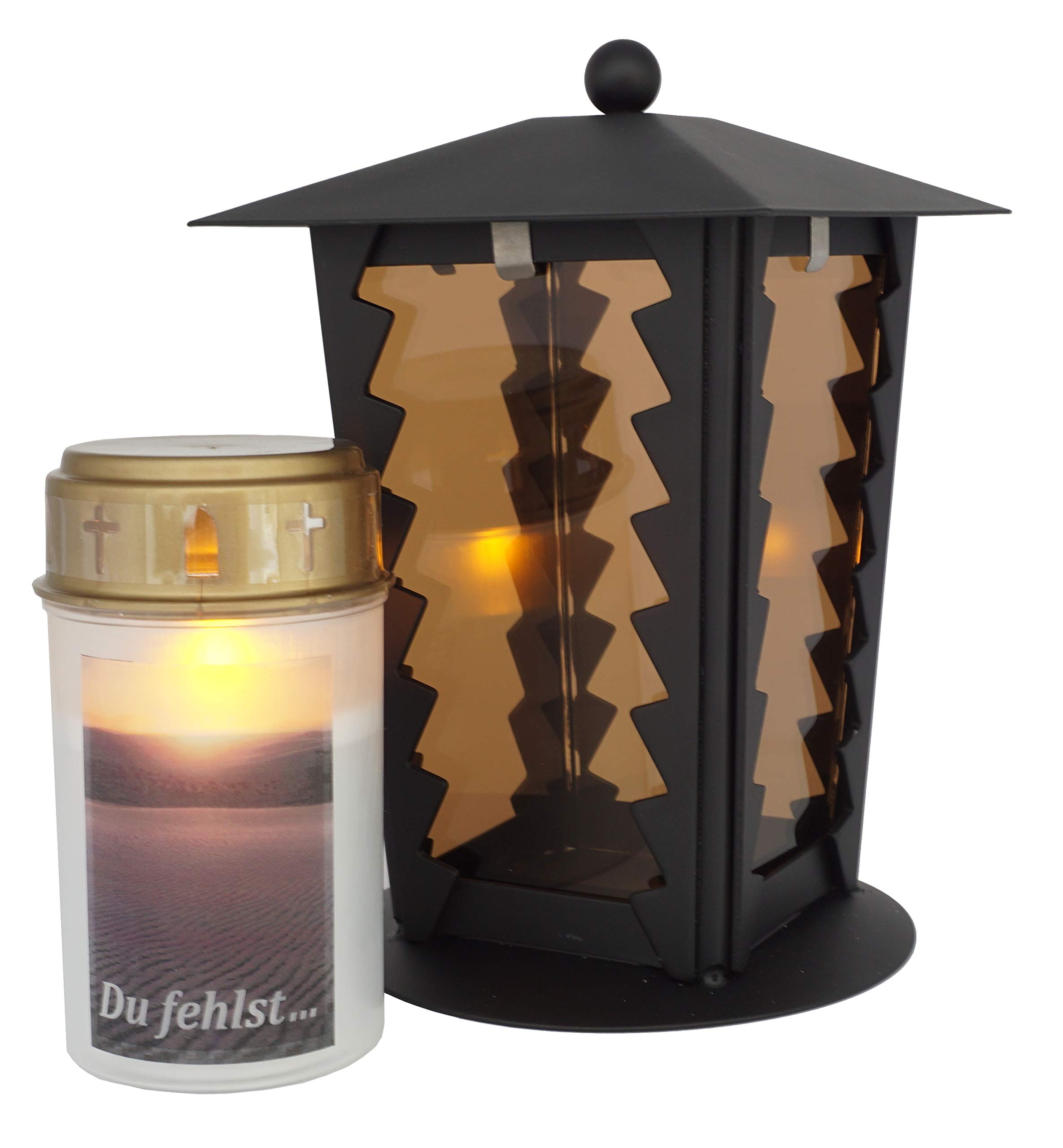 Grablaterne Aus Stahl – Schwarz, Quadratisch, 21 Cm Hoch, Mit Parsolglas & Inkl. LED-Kerze (ohne Batterien)
