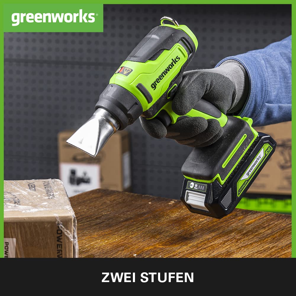Greenworks Tools Akku-Heißluftpistole G24HG (Li-Ion 24V 580 Grad Celsius 6 CFM Luftstromvolumen 9 Sekunden Aufwärmzeit LED-Anzeige ohne Akku und Ladegerät), Green,black,grey