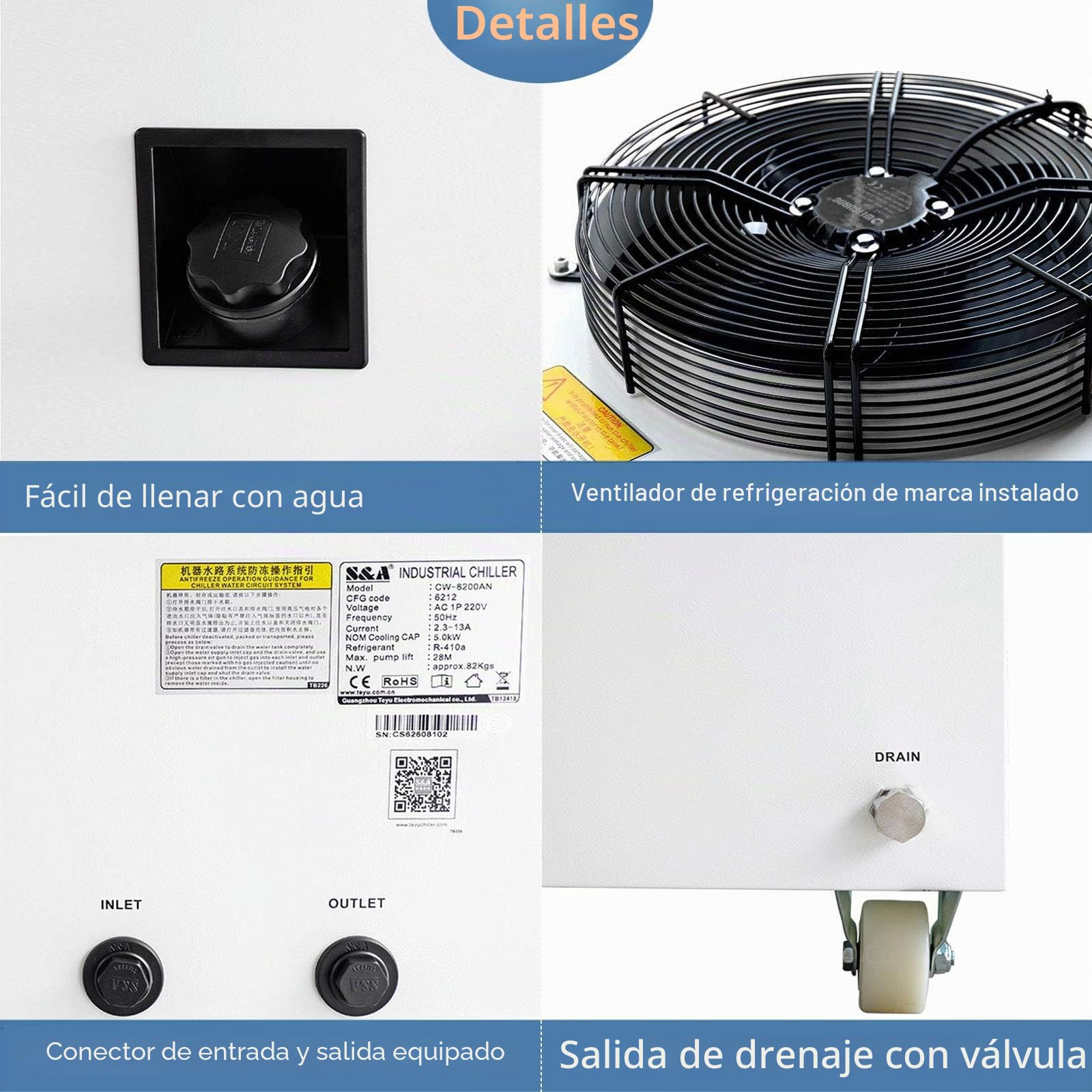 S&A CW-6200AN - Enfriador de agua industrial para tubo láser Co2 metal RF, tubo láser de vidrio Co2, husillo CNC, semiconductor, estado sólido, grabado láser de fibra