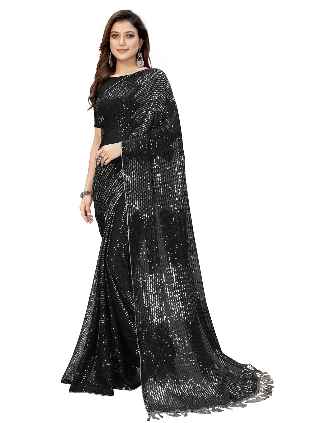 Pratham BlueWomen's Sequins Georgette Fancy Saree With Blouse Piece