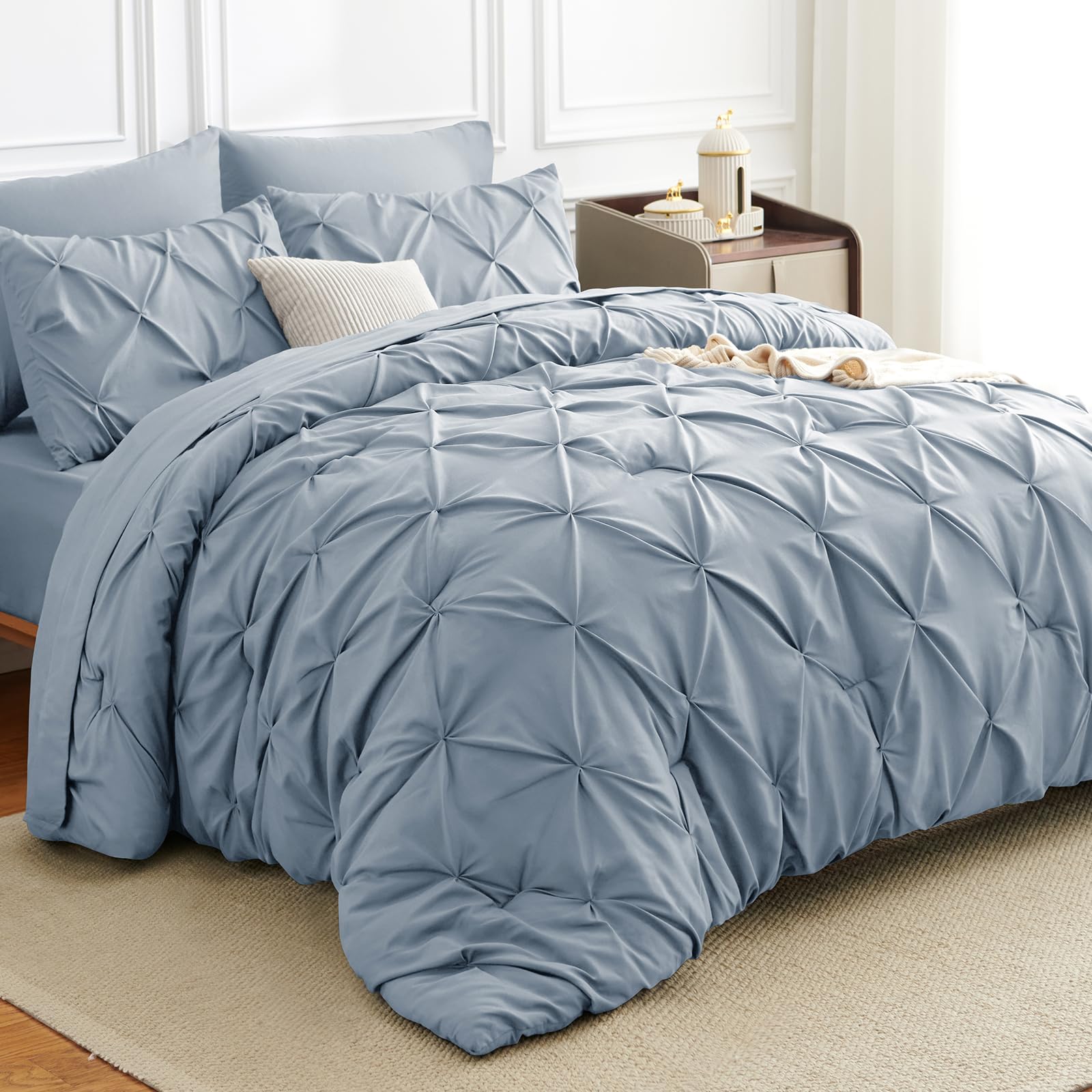 King Comforter Set 7 Pieces Bed in A Bag Grayish Blue Luxury Soft King Size Bed Set Pintuck Pinch Pleat Bedding Sets with Comforter, Flat Sheet, Fitted Sheet and Pillowcases & Shams