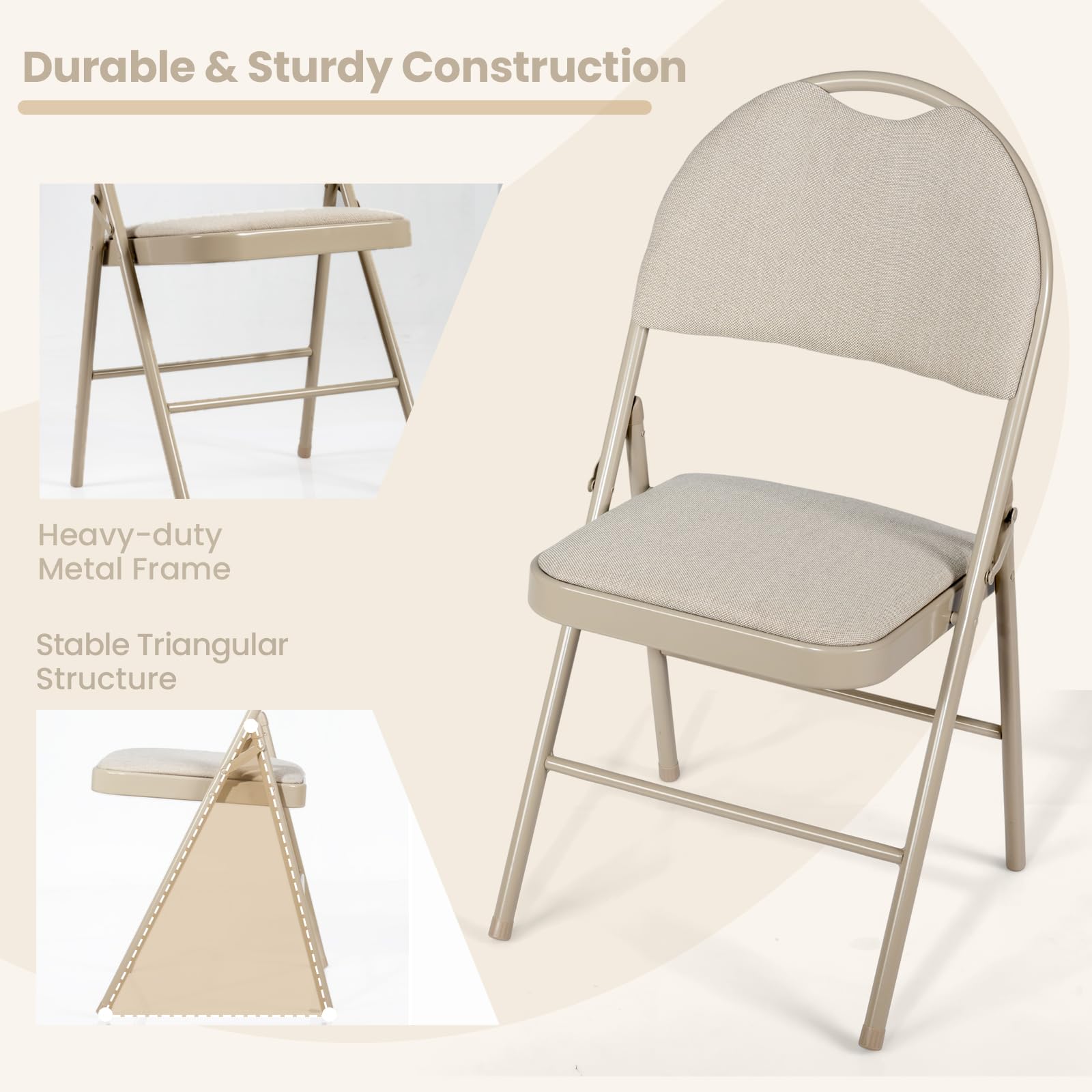 HOMASIS Set di 4 sedie pieghevoli, da cucina con schienale e manico, con struttura in metallo, pieghevole, portata fino a 120 kg, per sala da pranzo, soggiorno, ufficio (beige)