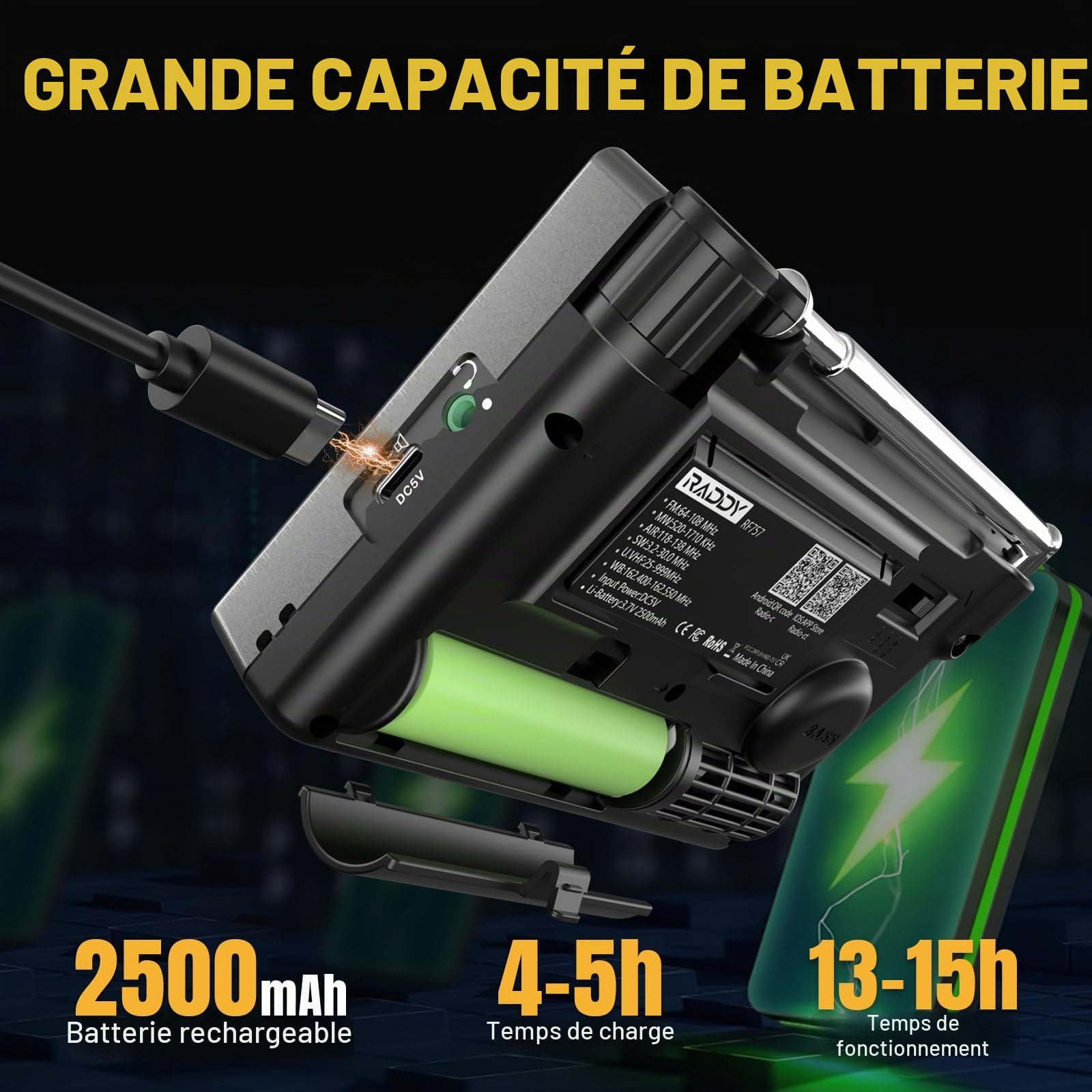 Raddy RF757 Radio à Ondes Courtes de contrôle par Application, Radio Portable avec réception AM/FM/SW/VHF/UHF/CB/AIR, Batterie 2500 mAh, 1000 préréglages, Casque, antenne Filaire, Alarme & SOS