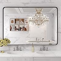 Vista 7 de LOAAO - Espejo de tocador para baño con marco de metal negro mate de 48 x 32 pulgadas para pared, rectangular, grande, redondeado, anticorrosión