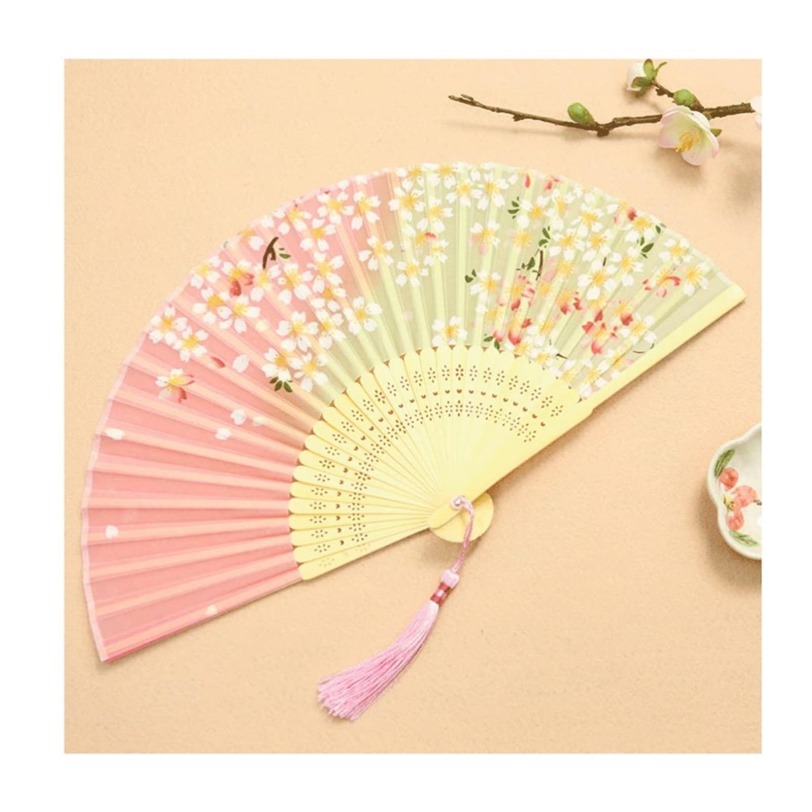 WDCDYQDH Folding Fans Silk Handheld Floral Hand Held Pink Folded Fan With Tassel Wedding Party Gift (pink B) C One Size