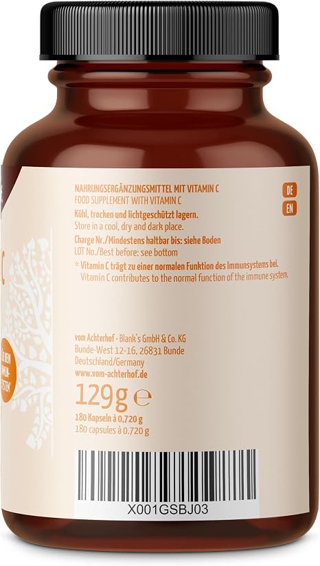 Vitamin C 180 Capsules Natural Vitamin C from Acerola Rosehip & Camu Camu Extracts High Dose 234 mg Natural Vitamin C 100% Vegan Free from Unwanted Additives from Achterhof