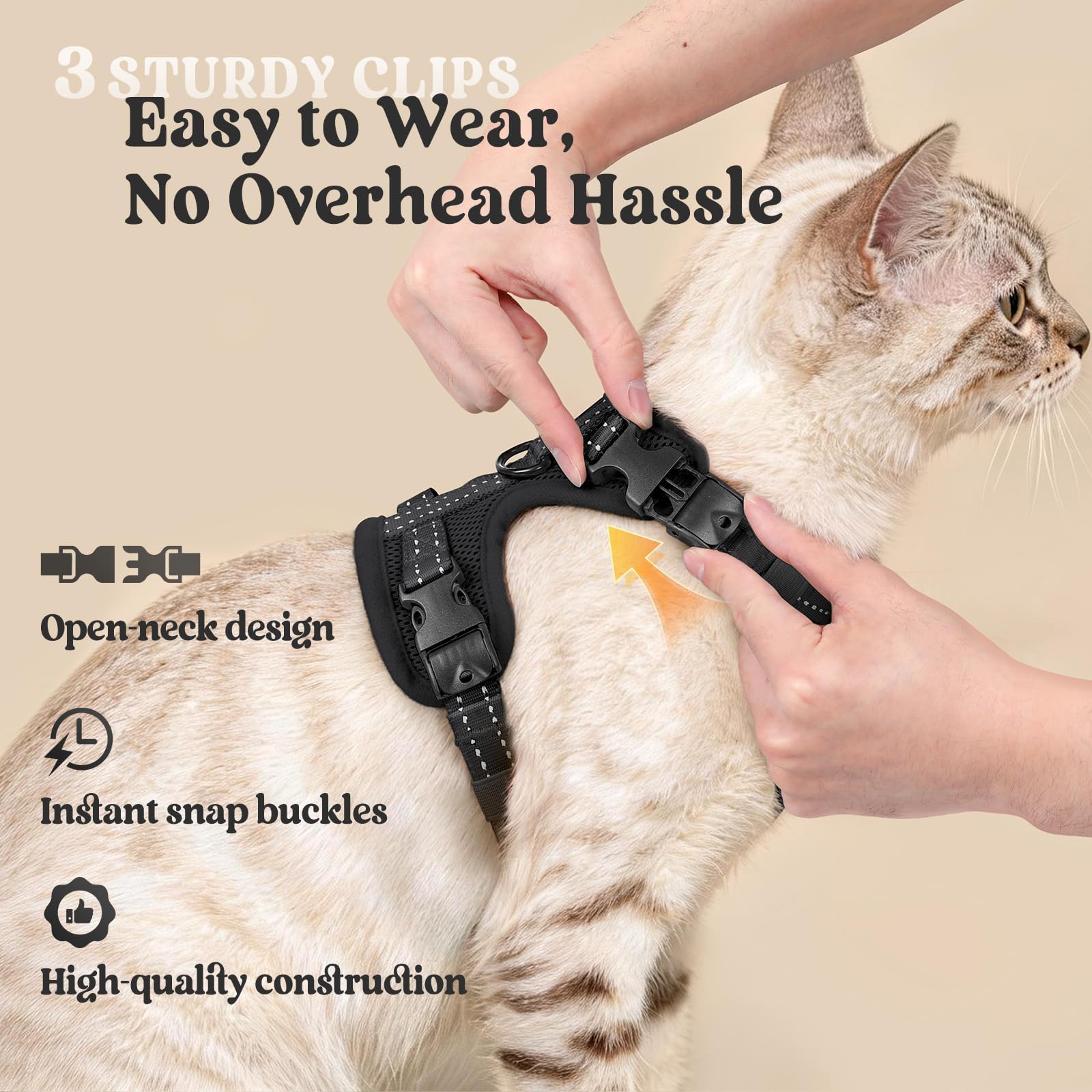 rabbitgoo Cat Harness and Leash, Escape Proof Vest with 3 Adjustable Buckles, Soft Comfortable Kitten Harness, Easy to Wear, Reflective for Safe Outdoor Walking, Small, Black - 4