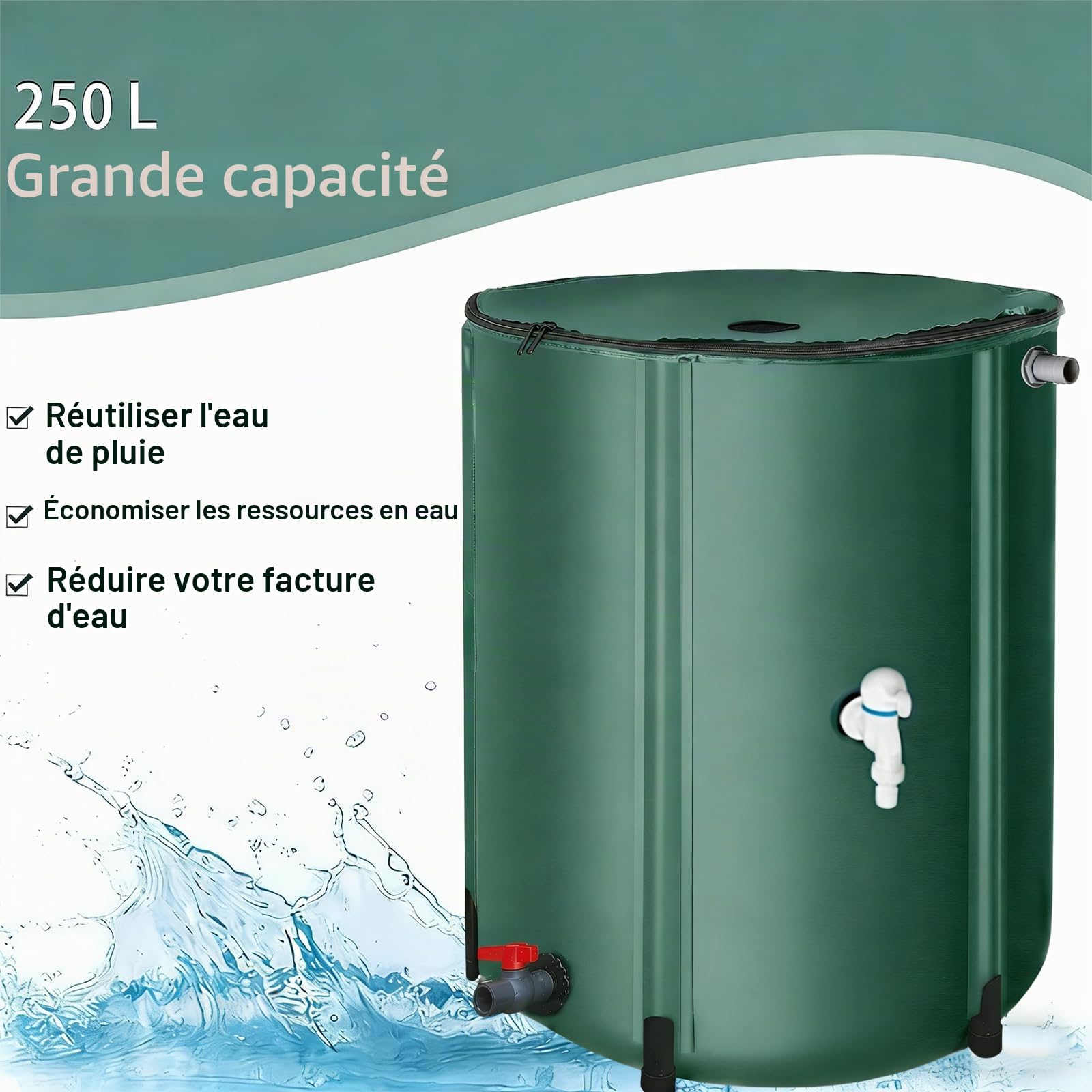 Système de collecte d'eau de pluie pliable en PVC 250 L