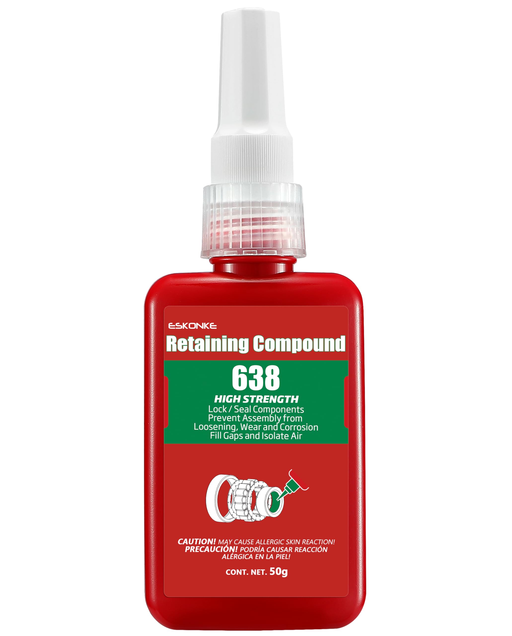 ESKONKERetaining Compound Green 638 Sleeve Retainer High Strength Cylindrical Metal Components Assemblies Locking and Sealing Anaerobic Glue 1.69 Oz/50 ml