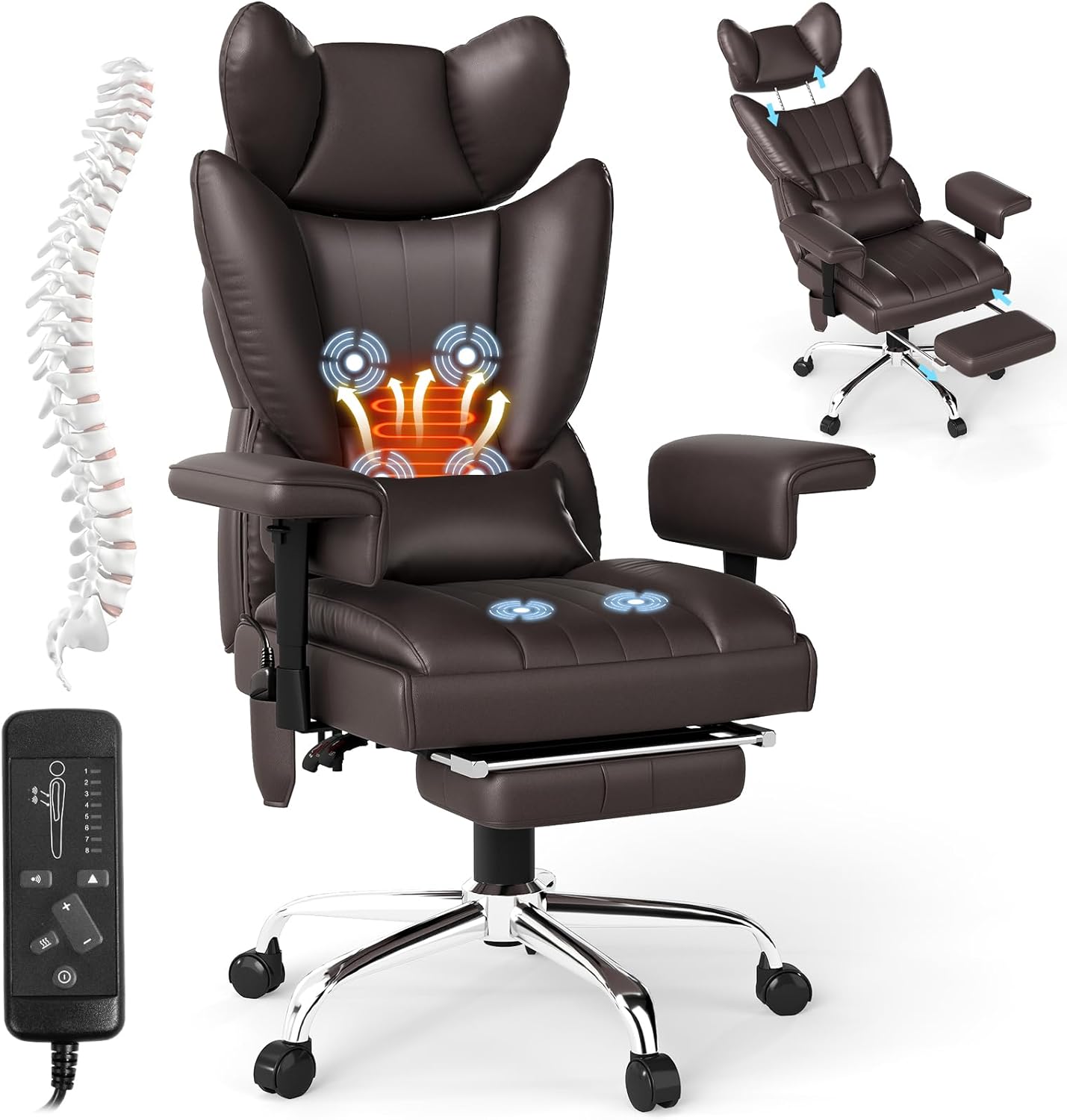 Massage Heated Office Chair with Foot Rest - 6 Points Vibration Big and Tall 400LBS Reclining Office Chair with Lumbar Pillow, Adjustable Headrest and Armrest, Executive Desk Chair, Brown