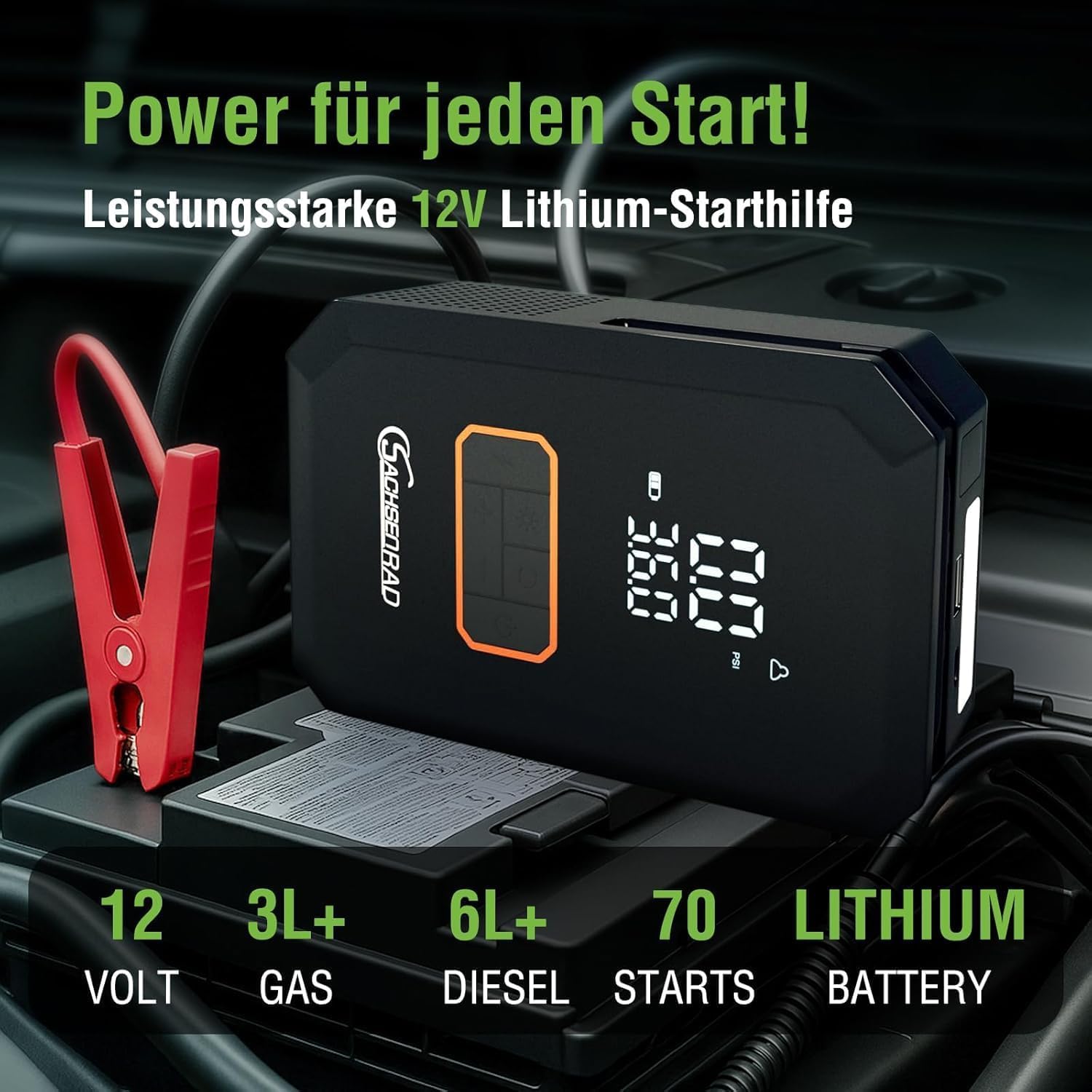 Arrancador de Baterias de Coche, 150 PSI Arrancador de Coches con Compresor de Aire (para All Gas o 12L Diesel) 12V Jump Starter con Linterna LED de Emergencia, Pantalla Grande LCD