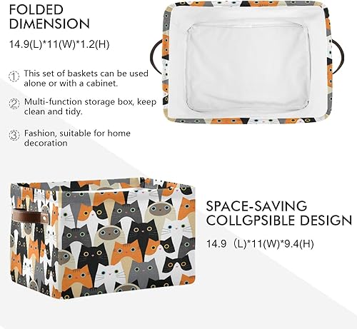 Miniatura 3 de Cesta de almacenamiento con diseño de animales y gatos, caja de almacenamiento de lona duradera plegable para juguetes, cesta organizadora con asas