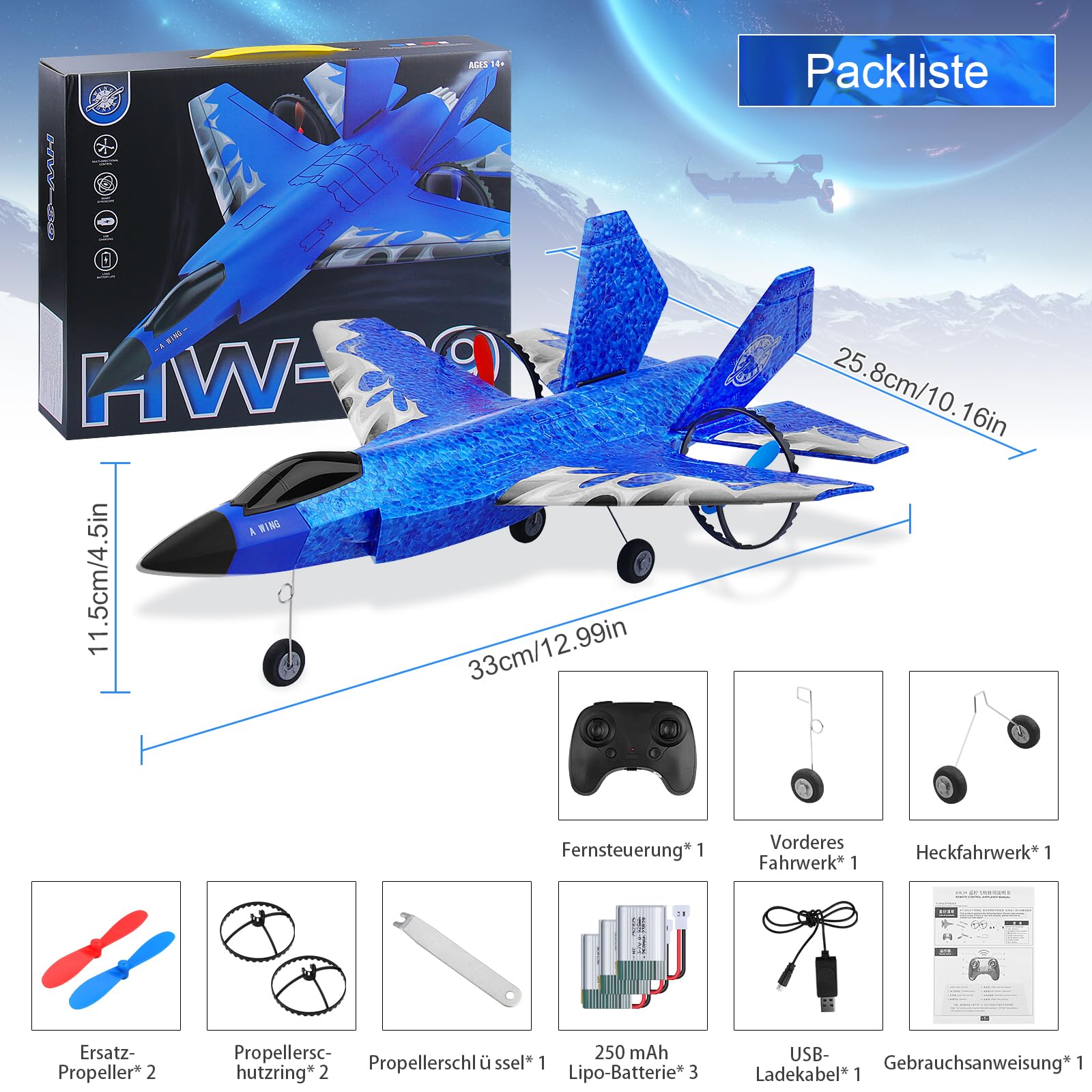 Henakmsl Avion radiocommandé F35 2CH HW39 Fighter 2,4 GHz RTF pour débutants, enfants et adultes avec veilleuse, chargement USB (bleu)