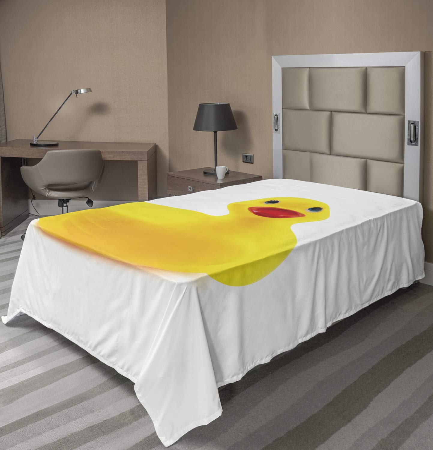 Ambesonne Rubber Duck Flat Sheet, Yellow Squeak Ducky Toy Fun Bubble Bath Animal Room Duckling Print, Soft Comfortable Top Sheet Decorative Bedding 1 Piece, Twin Size, White and Yellow