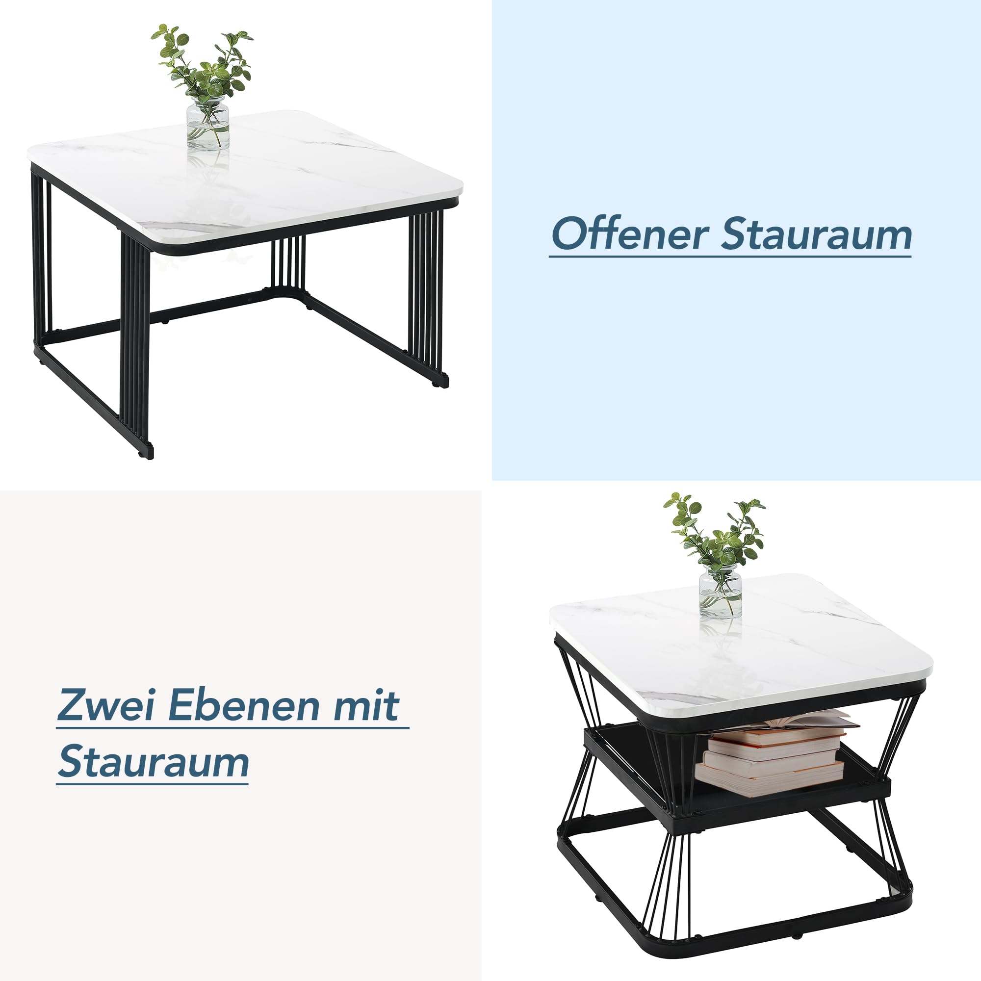 Merax Quadratisch Couchtisch 2er Set, Moderne Wohnzimmertisch mit Marmoroptik, Hochglänzend Satztisch mit Stauraum, für Wohnzimmer, Balkon und Büro, Metallgestell, Weiß und Schwarz