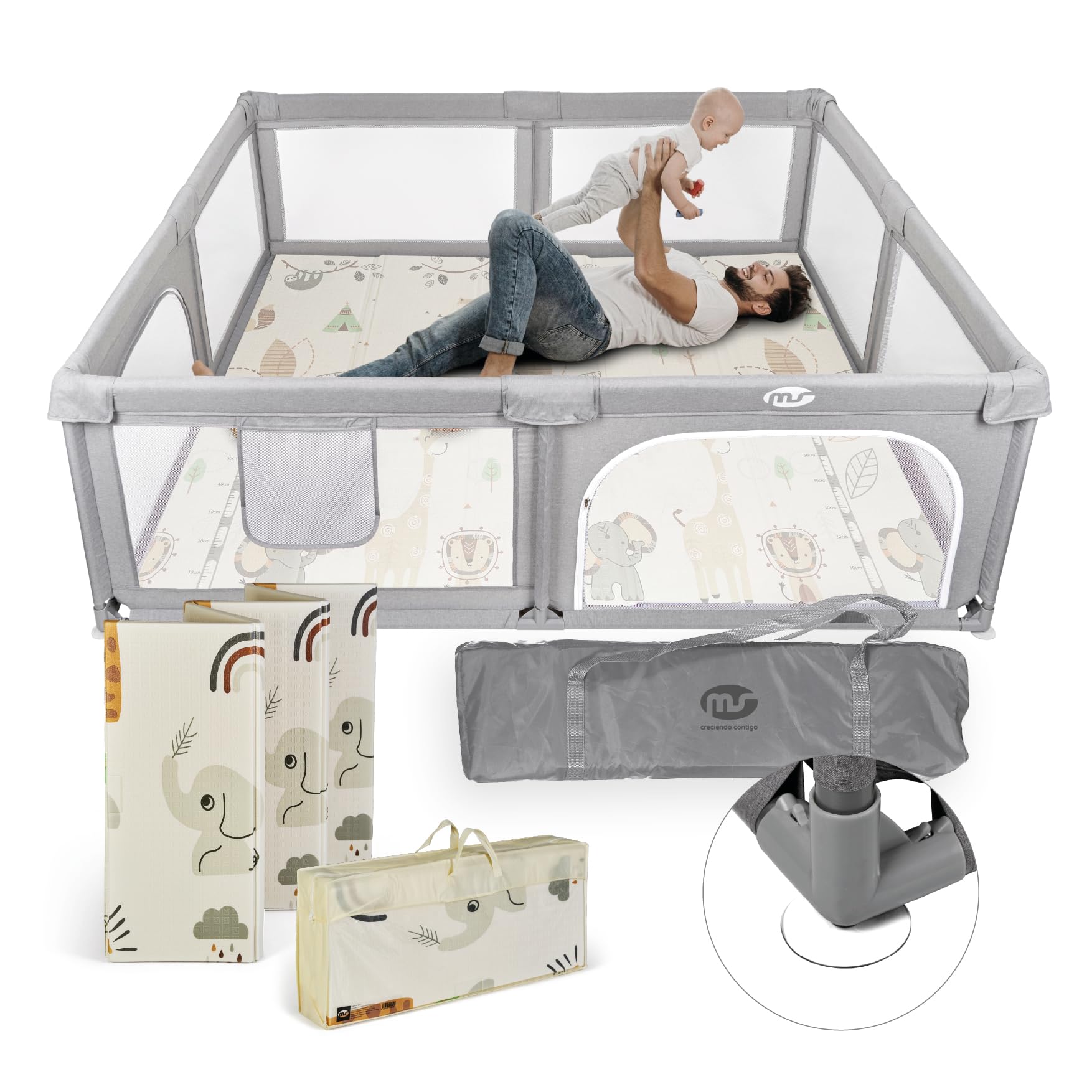 MS BabyWorld - Recinto per bambini XXL + Tappeto gioco per bambini 180 * 200 cm - Tappeto bifacciale, altamente imbottito (spessore 1,5 cm), Box molto grande e alto - pieghevole e con borsa trasporto