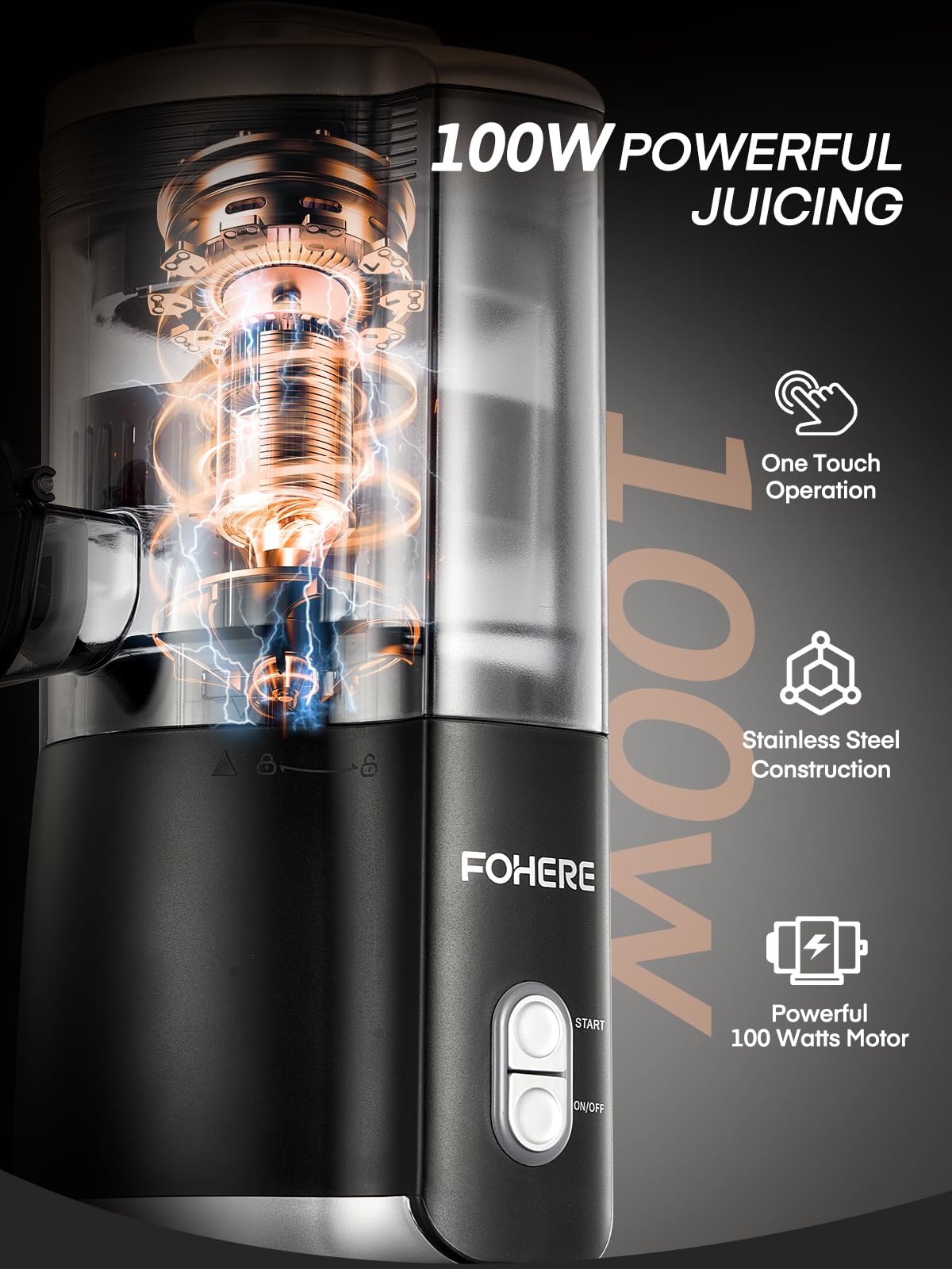 FOHERE Presse Agrumes Automatique Electrique Sans BPA, 2 Cônes Interchangeables, Puissant Moteur Silencieux de 100 W, Bec Anti-gouttes, Jus de Fruit Frais Rapide