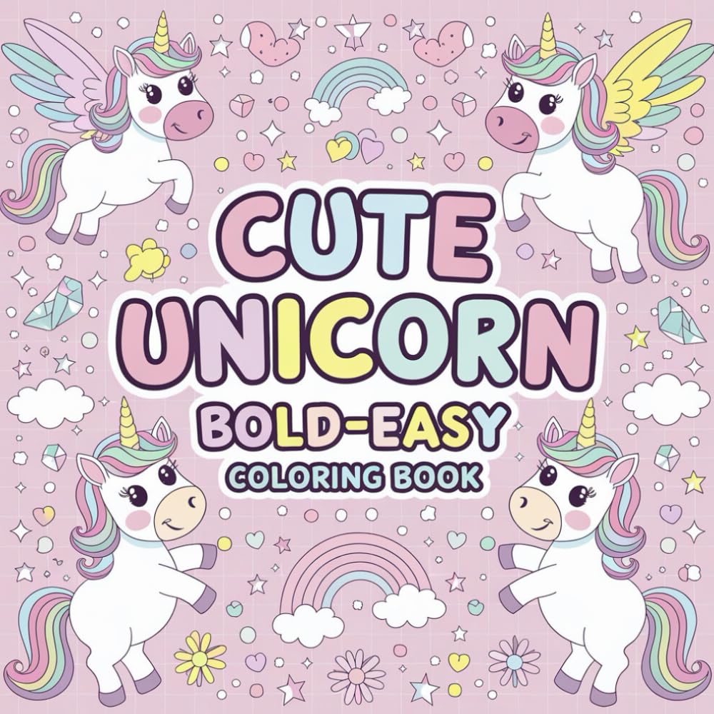 Cute Unicorn Bold And Easy Coloring Book: For kids