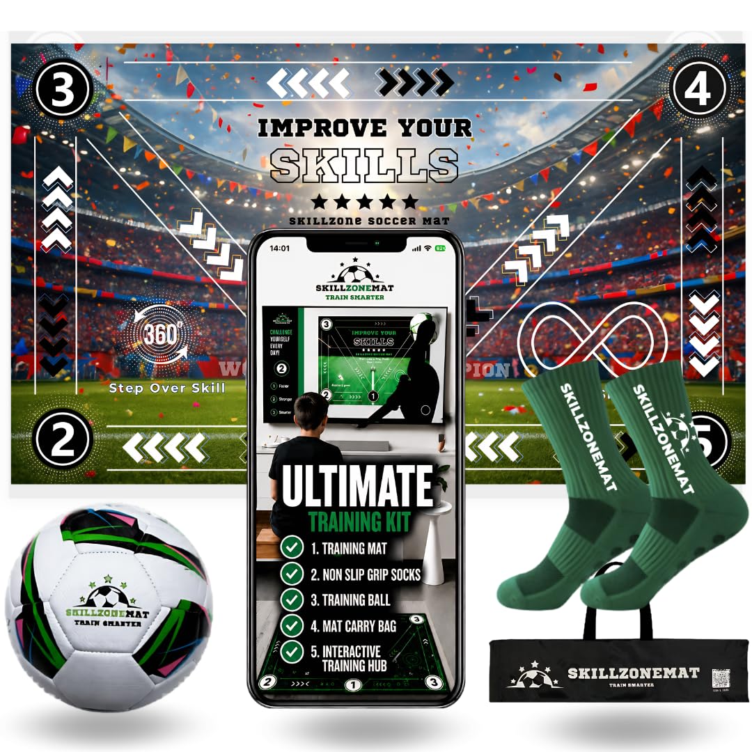 SkillZone Soccer Training Mat with Ball – Dribbling & Footwork Trainer | Indoor/Outdoor Soccer Training Kit with Video Hub, Grip Socks & Carry Bag | Control & Agility Practice (World Champions With