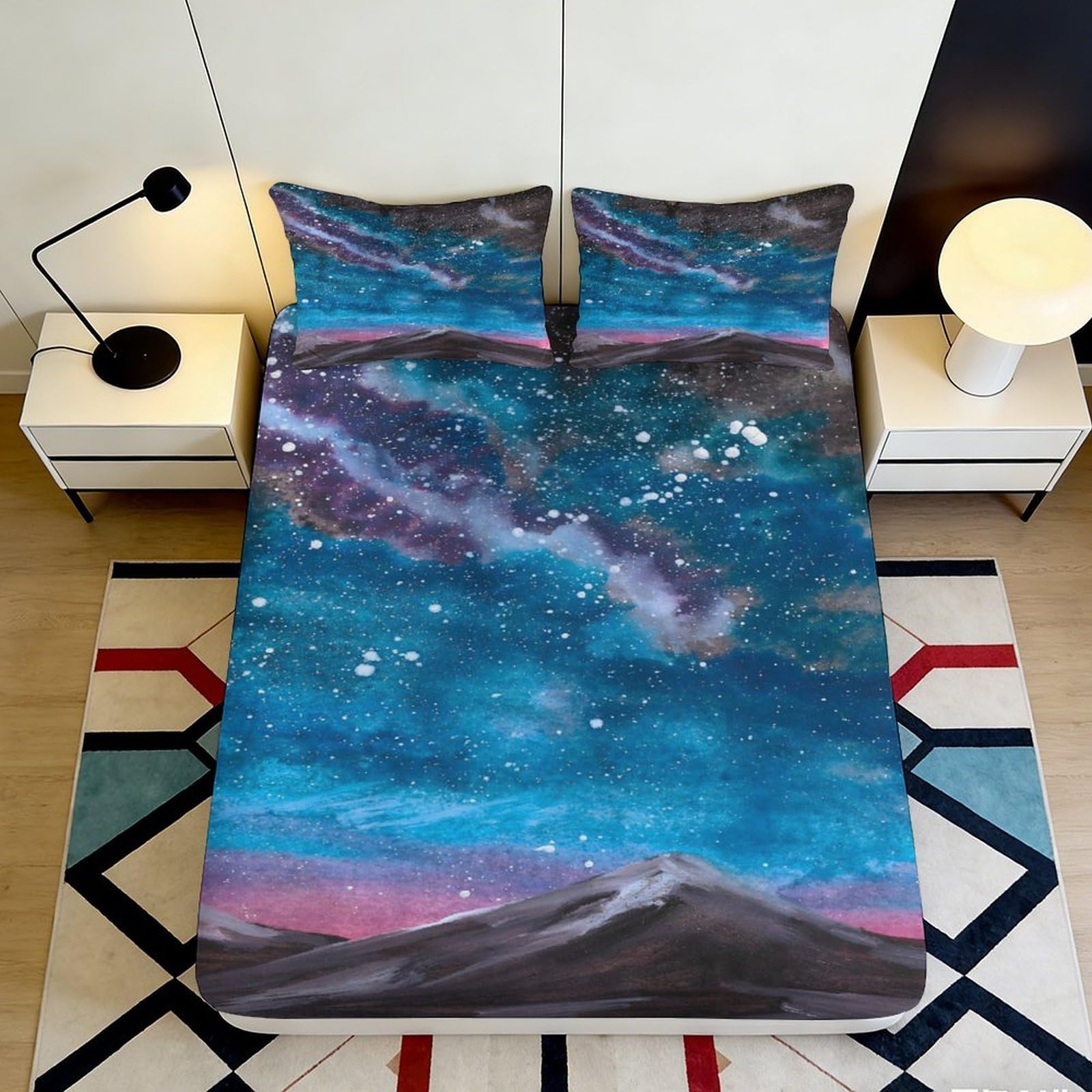 Aurora Galaxy Fitted Sheet 3D Printed, Soft Touch Microfiber, Wrinkle Resistant, Home Bedroom Decor, Mattress Cover, Apartment Bedding, Easy Care, Artistic Bed Cover, 113 chars 90x200x25cm