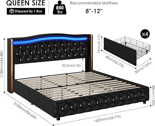 Miniatura 2 de HIFIT Base de cama con plataforma LED inteligente Queen con 4 cajones de almacenamiento y cabecera con alas capitonadas con botones de cristal,