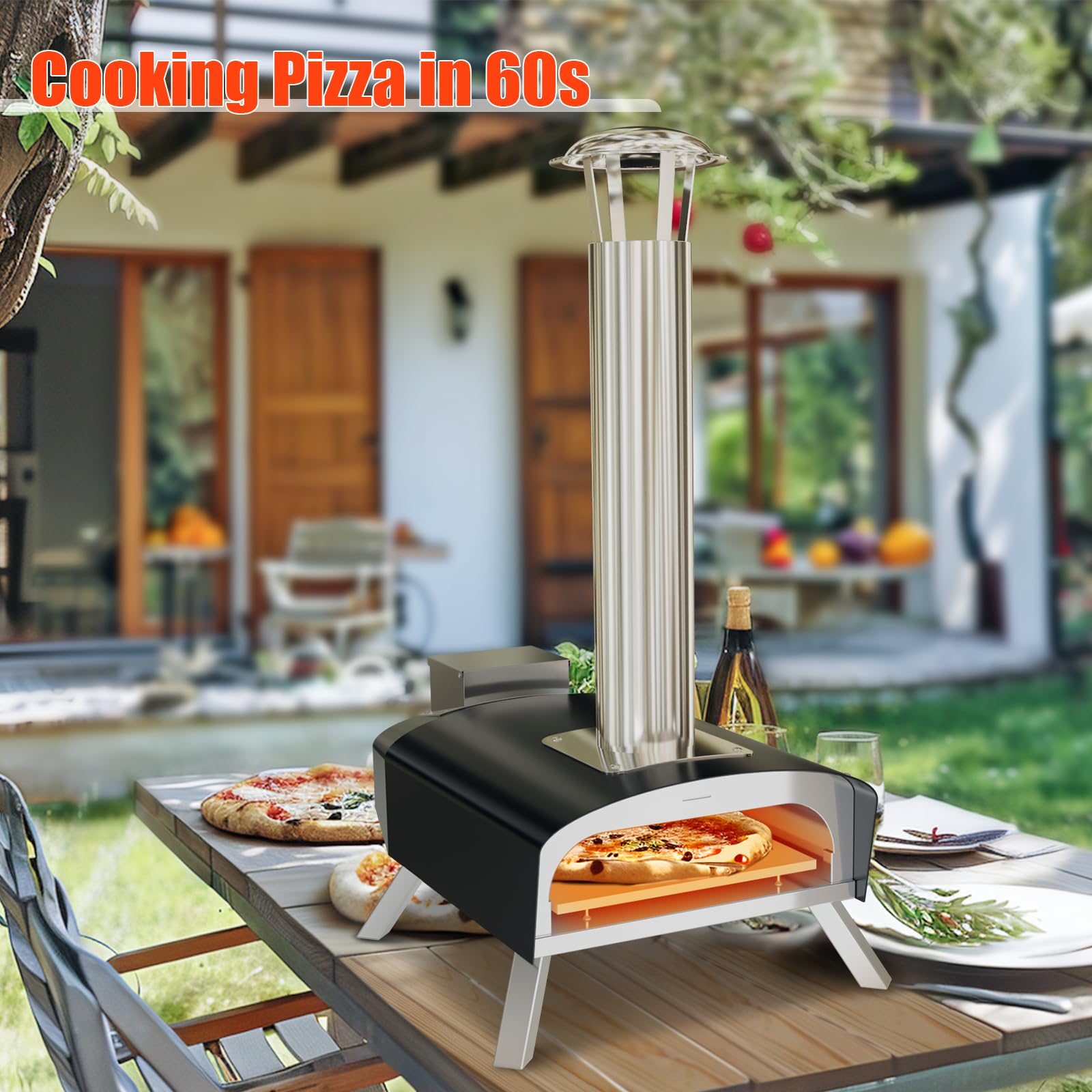 Garvee Zewnętrzny piec do pizzy ze stali nierdzewnej, 30 cm, z granulatem drzewnym i kamieniem do pizzy, przenośny piec do pizzy opalany drewnem, na kemping, imprezy i podwórko (czarny)