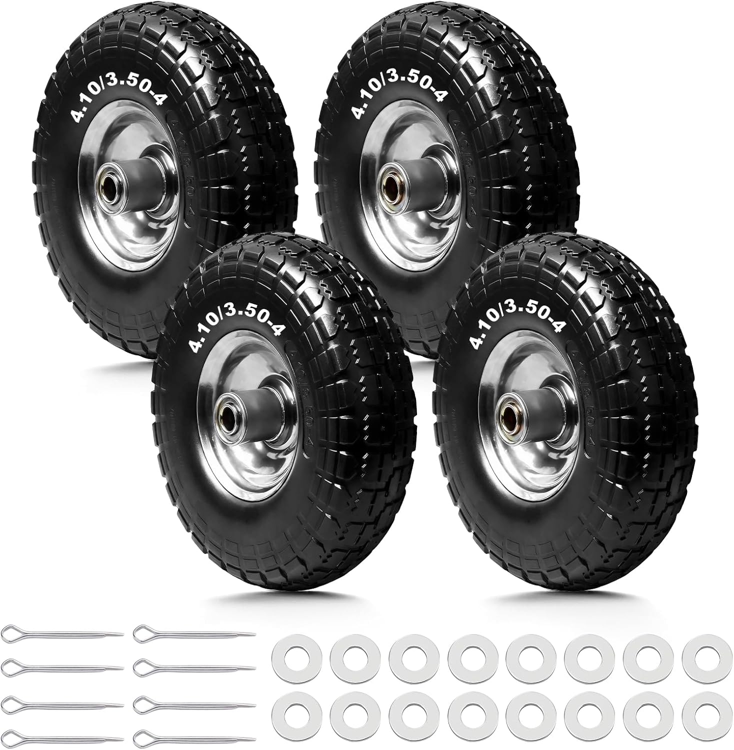 Storystore 4-Pack 4.10/3.50-4 Tire and Wheel - 10 Inch Solid Rubber Tire Wheels with 5/8" Bearings, 2.2" Offset Hub for Hand Truck, Trolley Dolly, Garden Cart and Wheelbarrow