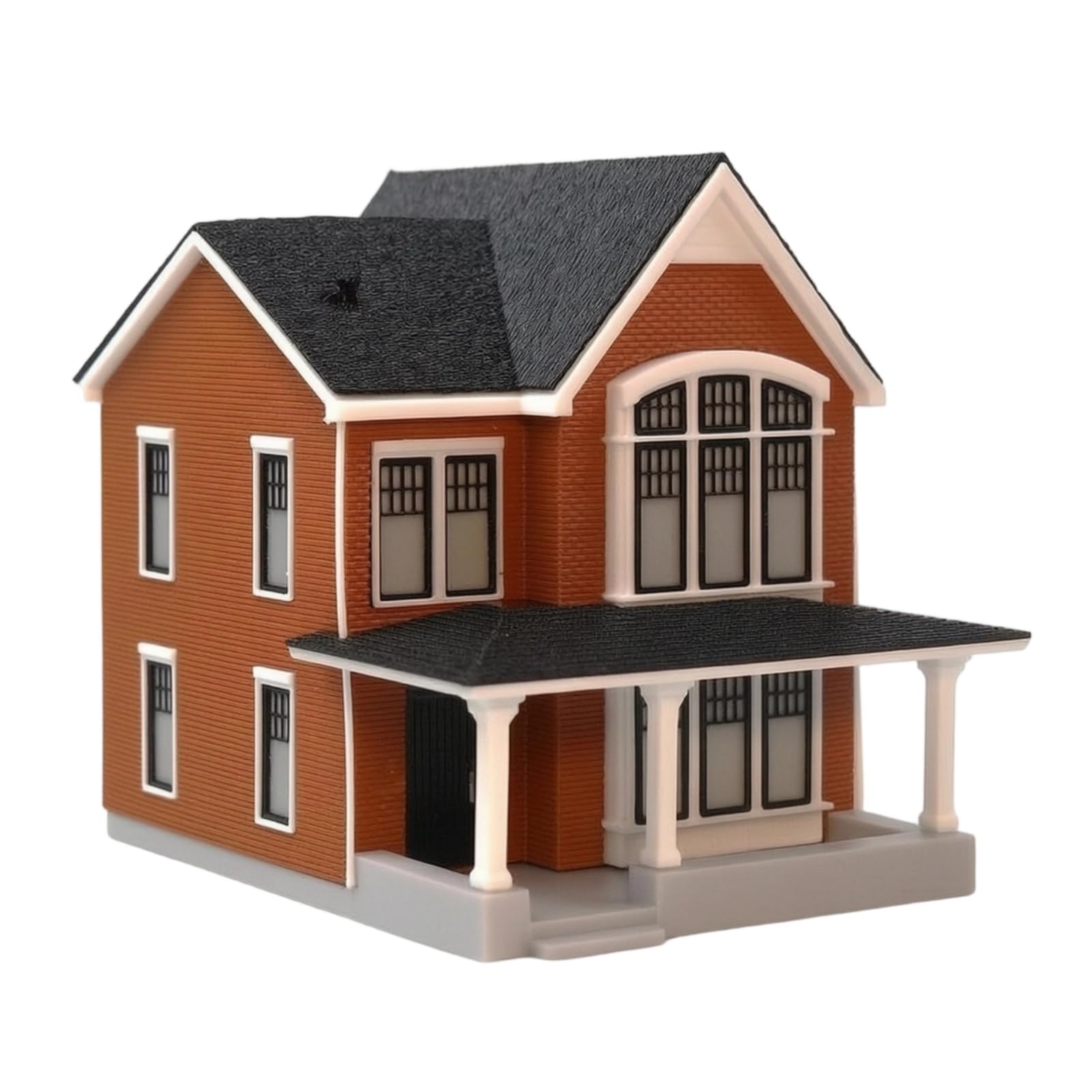 Miniatura Architettura Villa Modello Diorama Plastica Base Personalizzabile Due Piani Tetto a Due Falde Facciata Finestra Ad Arco Portico Colonne, Marrone Rosso