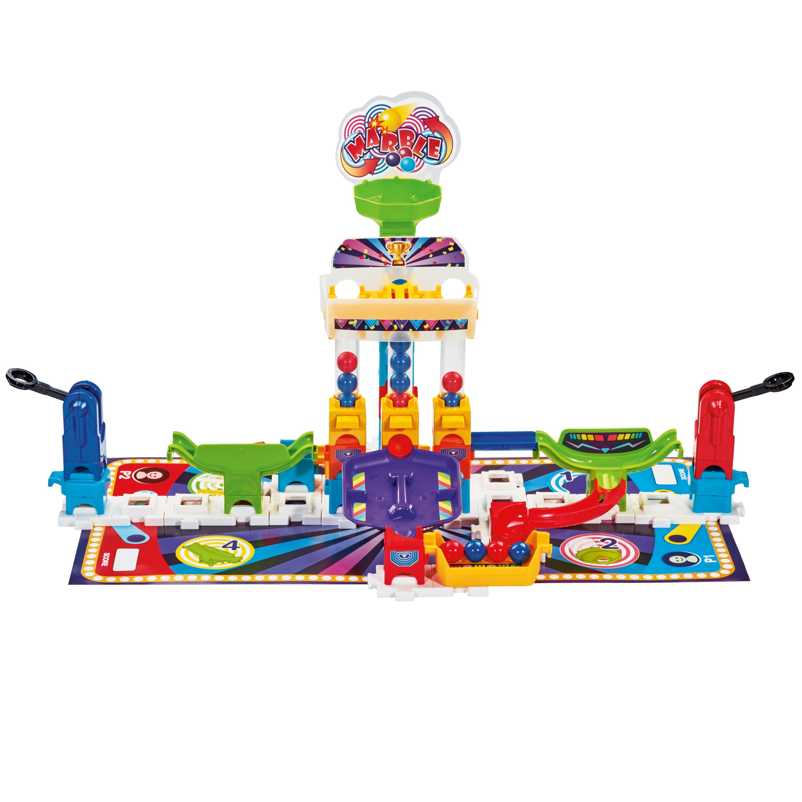 VTech - Marble Rush Juegos de competición, Juguete de construcción, Circuito de canicas, 62 Piezas, 12 canicas, 1 tapete de Juego de Doble Cara y 6 fichas, Regalo niños +4 años, Contenido Español