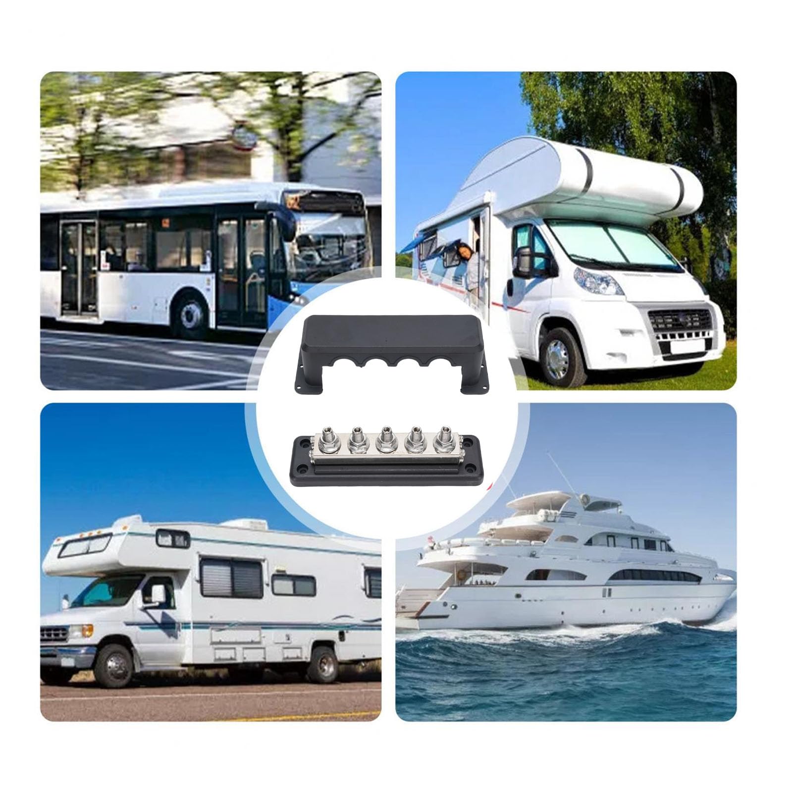 Bloc Distribution D'énergie 600A, 300V DC, Bornier Barre Bus Batterie Marine Robuste avec 5 Goujons M10, Barre Bus à Courant élevé pour Automobile, Voiture, Camping-Car (Black)