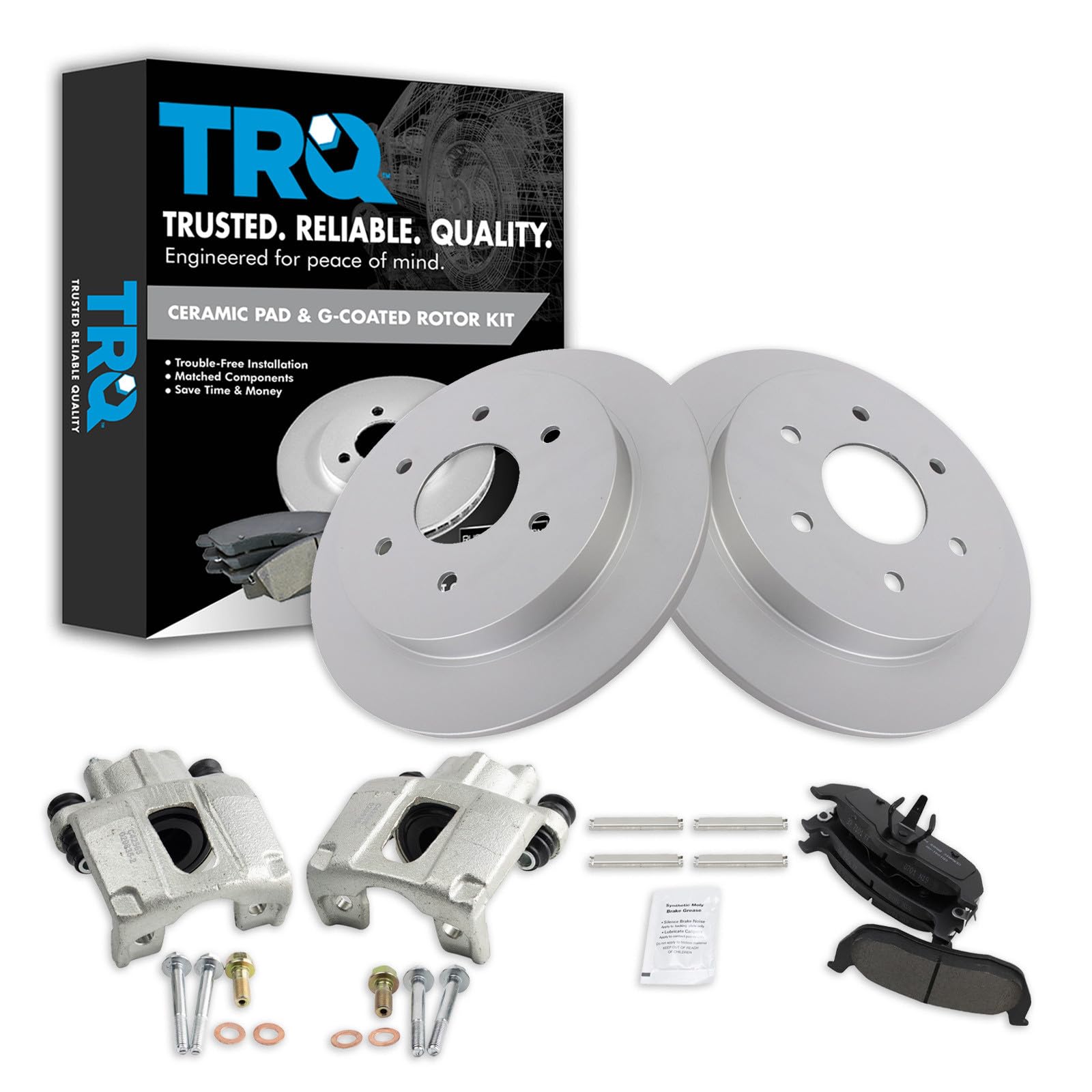 TRQ Rear Brake Pad and Rotor Set Ceramic G Coated Rotors Calipers