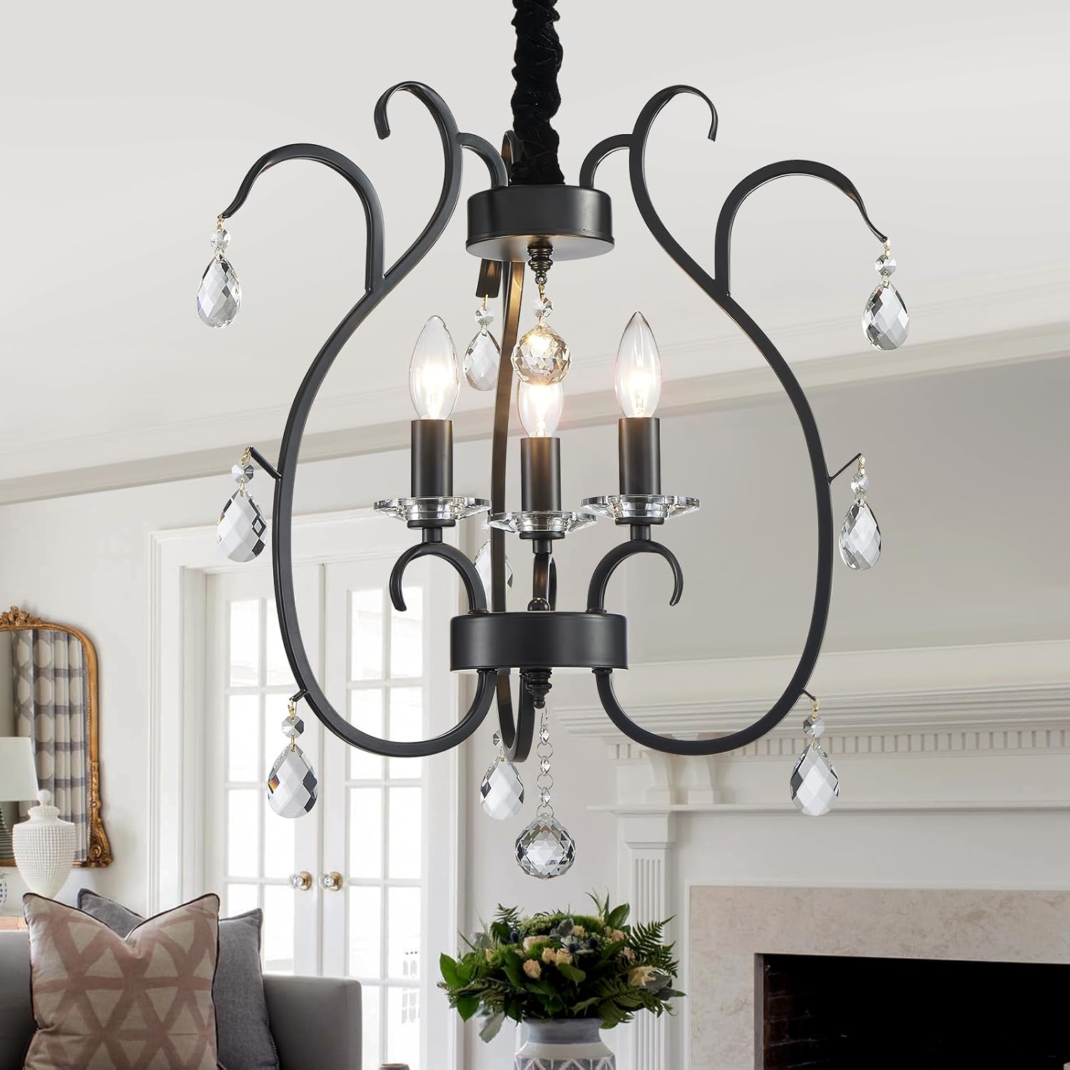 3-Light Farmhouse Black Chandeliers for Dining Room 16.92in Crystal Chandelier E12 Candle Pendant Light Fixture Rustic Ceiling Hanging Light for Kitchen Island Bedroom Entryway