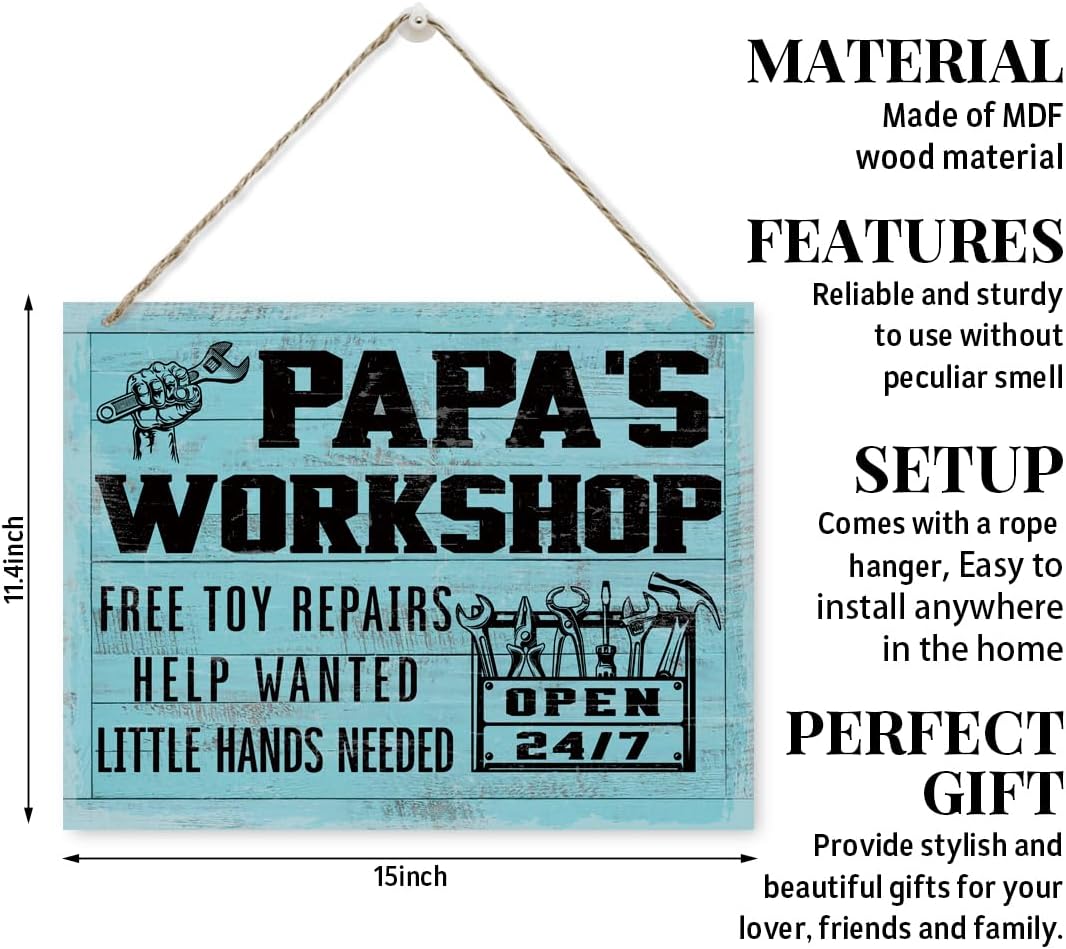 Papa's Workshop Sign Gift for Papa Grandpa, Rustic Wooden Hanging Plaque Sign, Workshop Decor Art, Rustic Door Hanger, Garage Wall Decor, Mechanic Papa Gift, Father's Day Gift for Him Papa Grandpa - Image 2