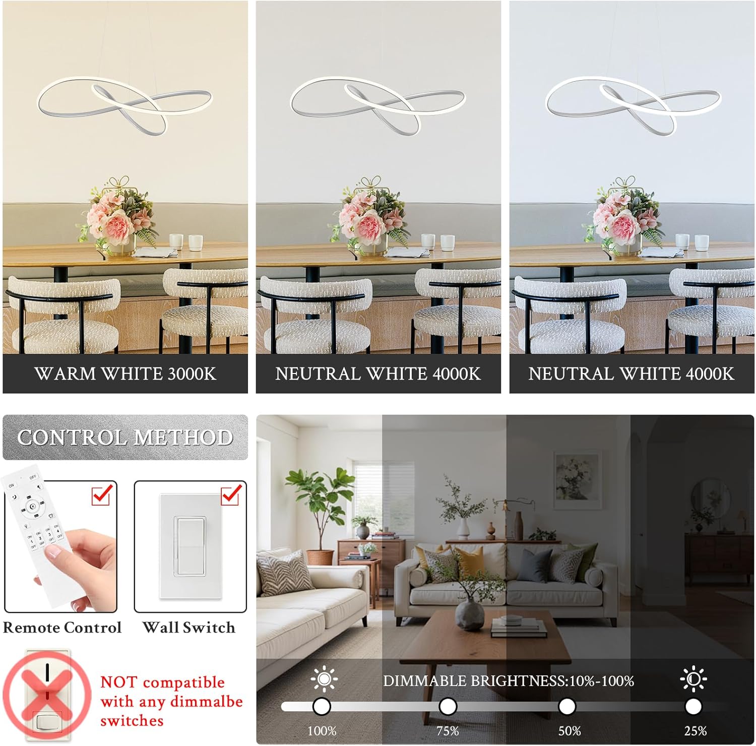 D31.5in Modern LED Chandelier Silver Ring Chandelier High Ceiling Contemporary with Dimmable Remote Control, LED Pendant Light Fixtures for Foyer Dining Room Kitchen Island, 3000-6500K