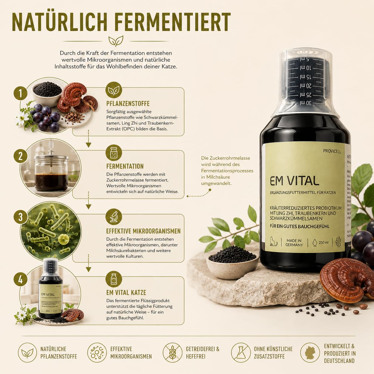 EM Vital Katze 250 ml - Premium Probiotika für Katzen Flüssig – zur Unterstützung der Darmflora – Fermentierte Pflanzenstoffe mit Mikroorganismen – Ohne Zusatzstoffe - Made in Germany