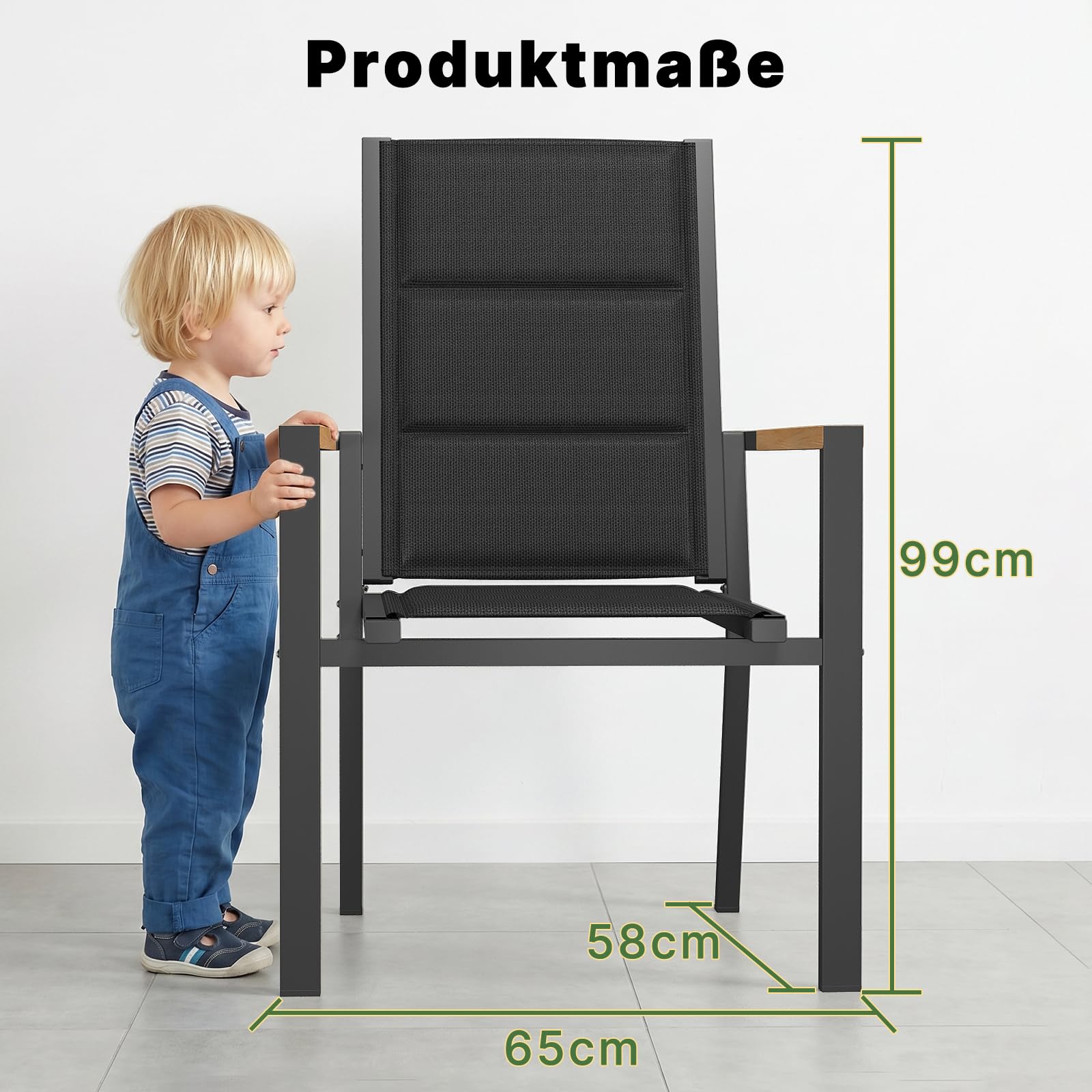 TRIUMPHKEY Gartenstuhl aus wetterfestem mit Holzkorn Handlauf, Aluminium Outdoor Garten Stapelstühle mit Baumwollsitz für Balkon, Terrasse, Garten - Set aus 2 Stück, DunkelGrau