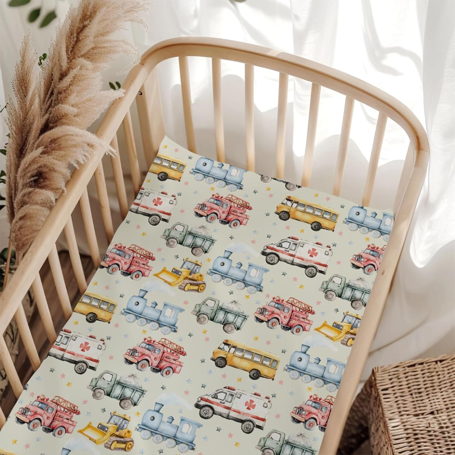Cute Firetrucks Train Excavator Bus Garbage Truck Ambulance Baby Crib Sheet for Boys & Girls 28"x52" Breathable Transportation Vehicles Stars Fitted Crib Sheet Fits Standard Cribs Mattress