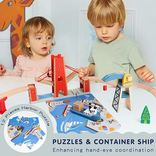 Miniatura 5 de Qilay Juego de tren de madera de 121 piezas con bolsa de almacenamiento, juego de pista de tren de madera Busy Port City para niños a partir de 3