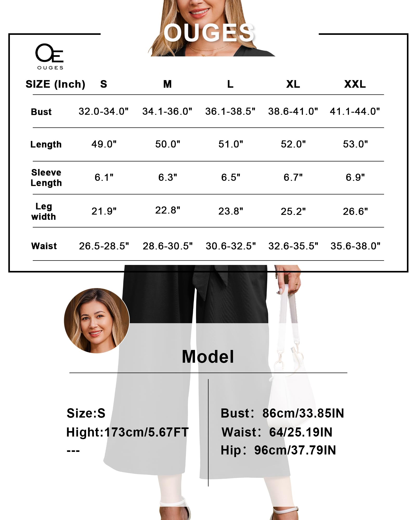 OUGES Jumpsuit Damen Sommer Elegant Overall Lang Playsuit Kurzarm Casual Hosenanzug mit Taschen
