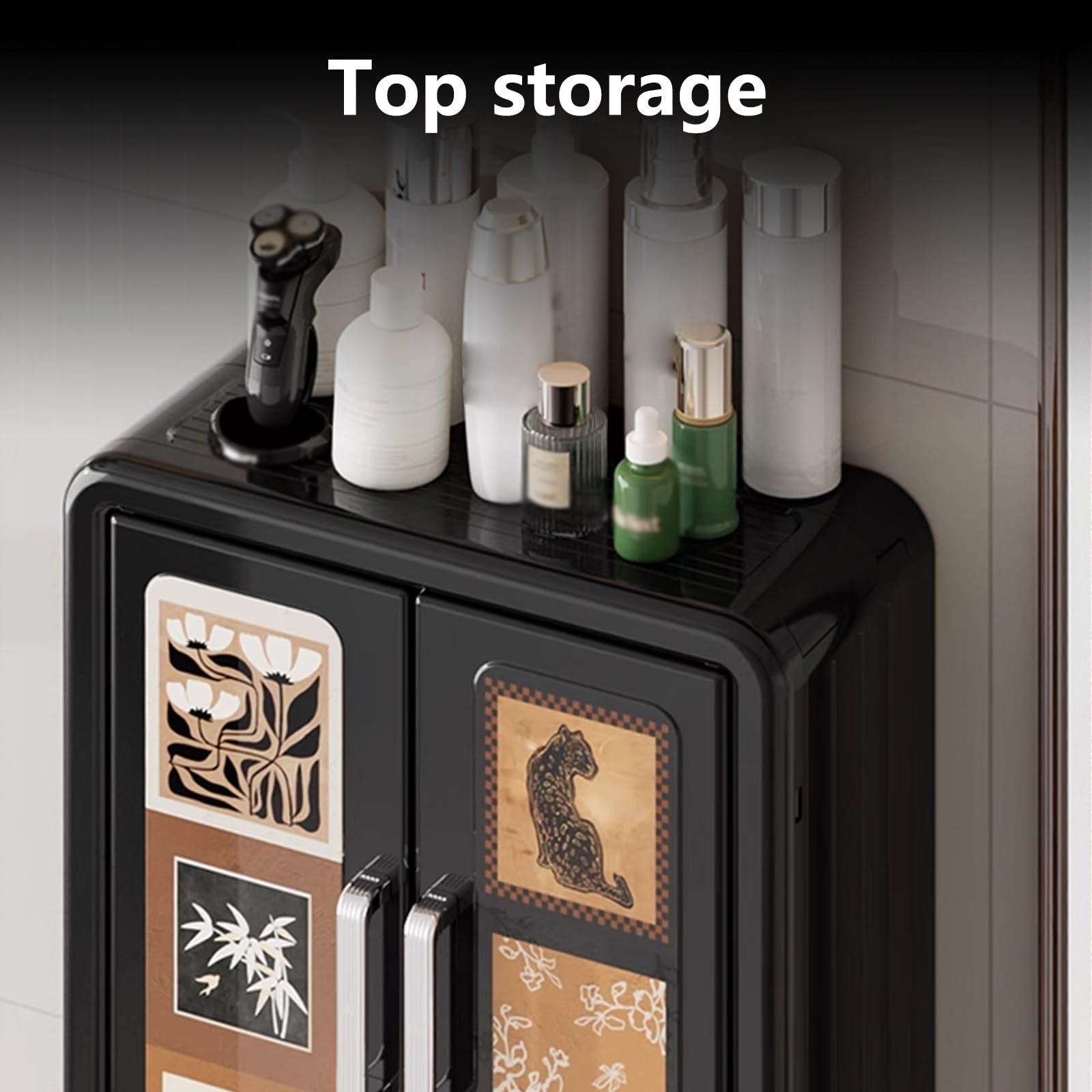 Armadietto Bagno Sospeso Nero Ante Magnetiche a Doppia Cerniera Pensili Bagno Sospesi Salvaspazio con Ganci Materiale Plastico Adatto a Bagni e Soggiorni(45 * 13 * 32cm)