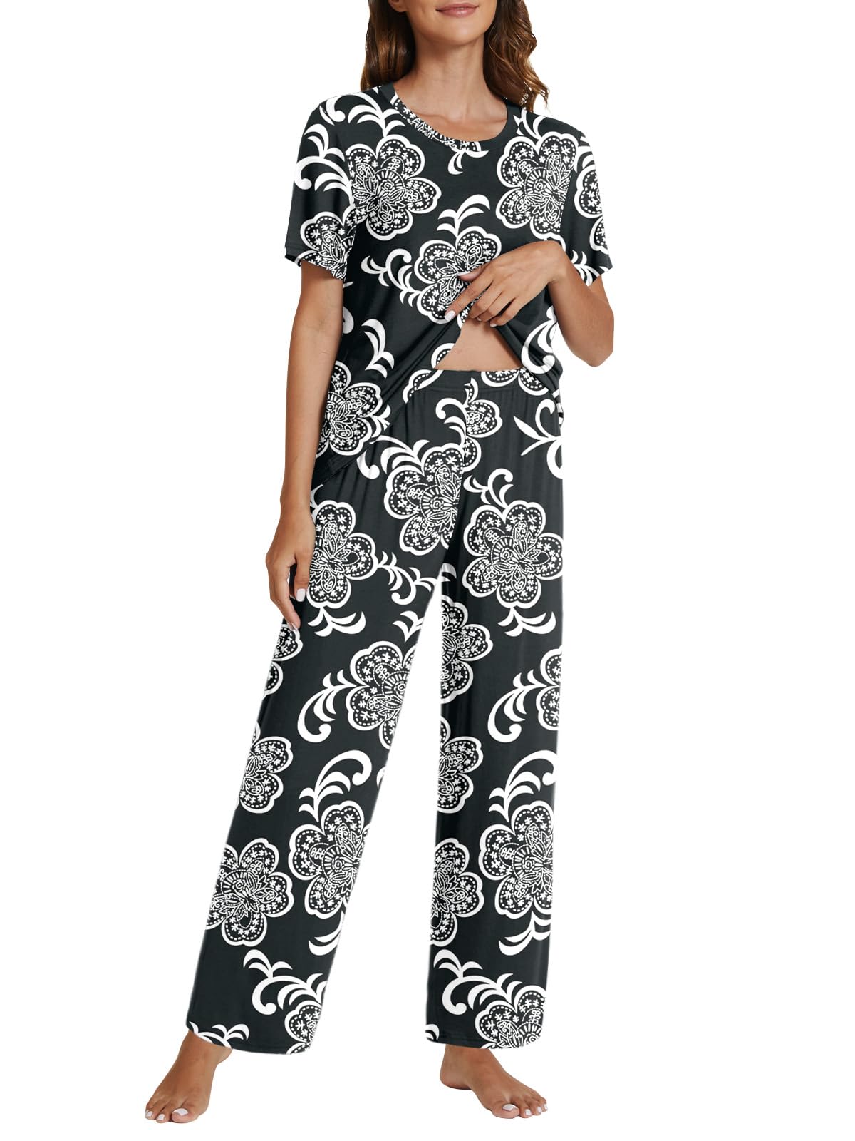 POKWAI 2024 Star Print Pajamas for Women Sets Soft Comfy Short Sleeve Tops and Pants Pajama Set Sleepwear Pjs