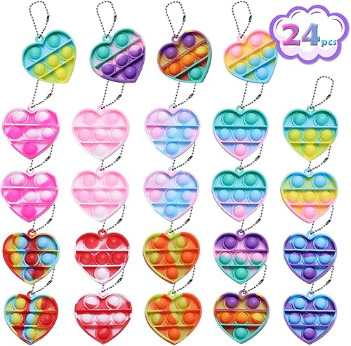 Regalos para el día de San Valentín para niños 24 llaveros con forma de corazón juguetes para la ansiedad con 24 tarjetas de regalo de San Valentín